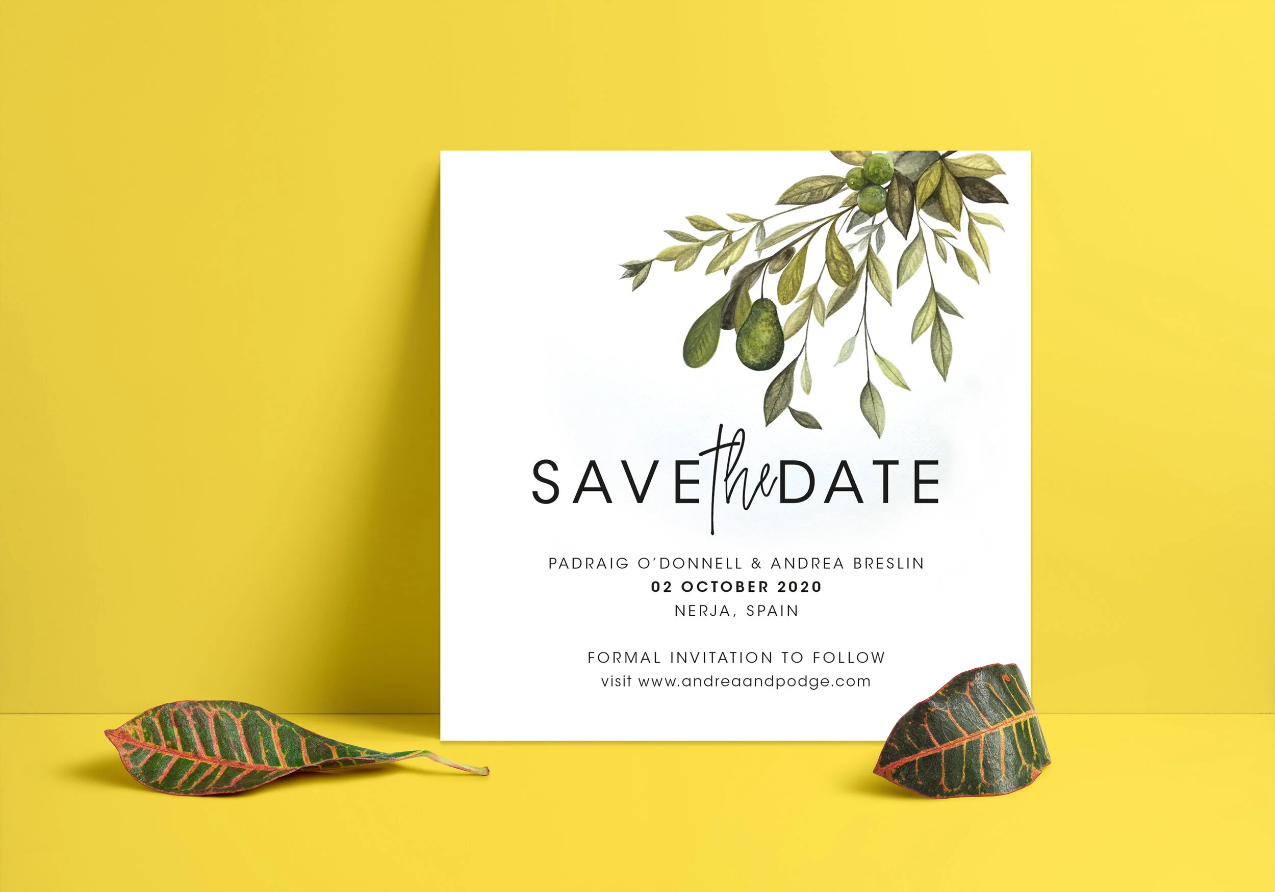 A save the date I created in mid 2019. This wedding was due to take place on a Lime and Avocado farm in Spain so the couple requested an illustration of these two plants. I combined this with minimal sans type.