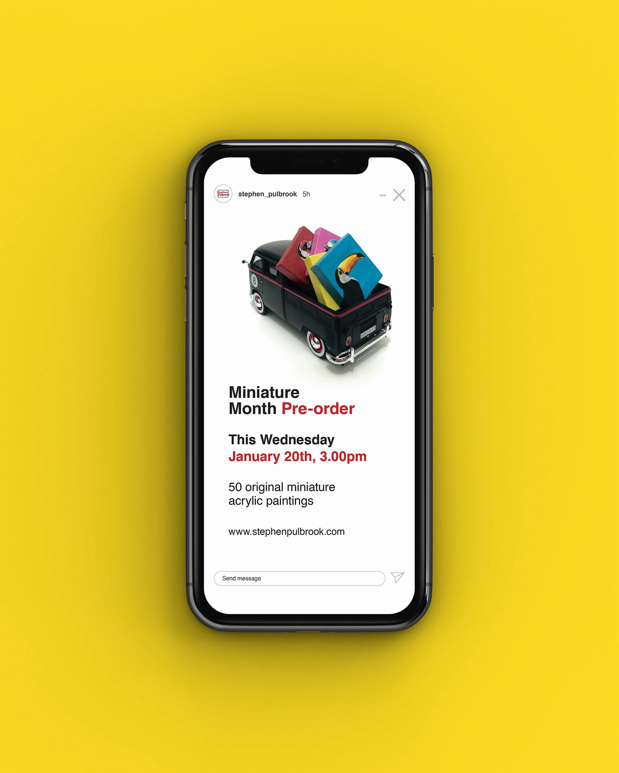 A front-on view of a promotion I created for the Pre-launch of a painting series I created in January 2021. I used a model VW bus to highlight the size of the paintings going on sale. Each one was done on a 5x5cm canvas so I wanted to play with the …