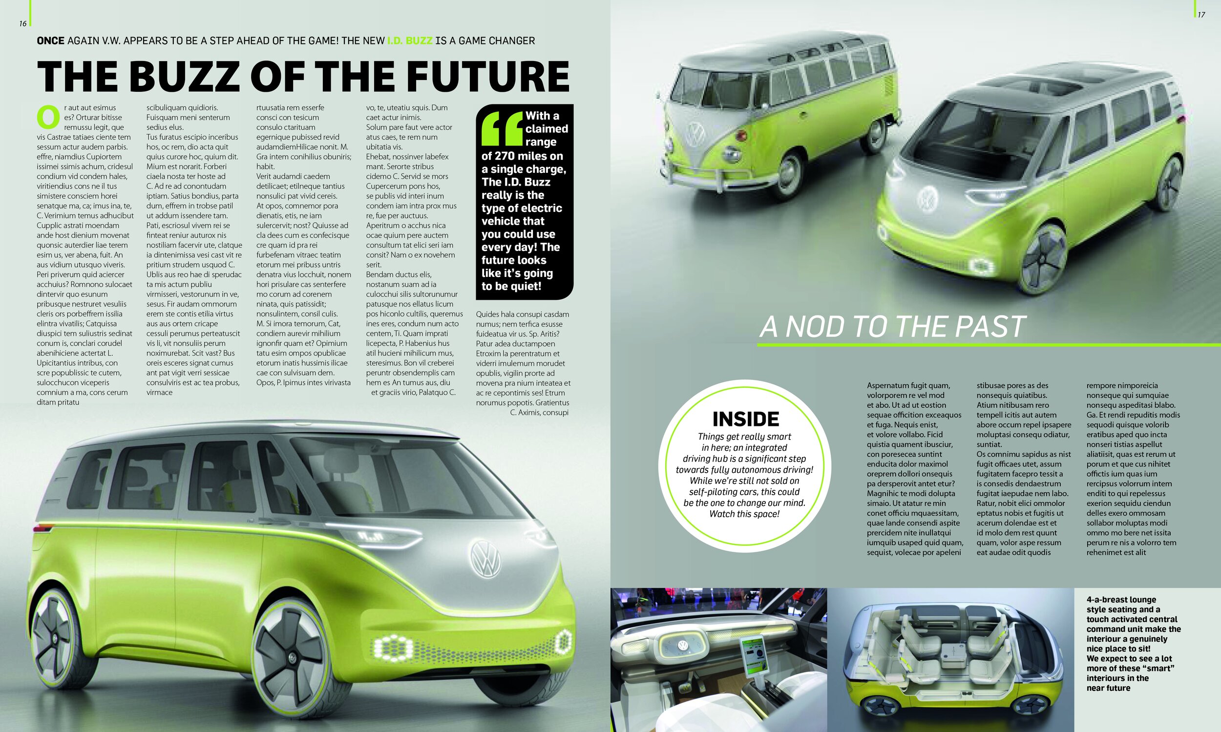 This is an example of a spread created about the new VW ID Buzz for PetrolHead Magazine.