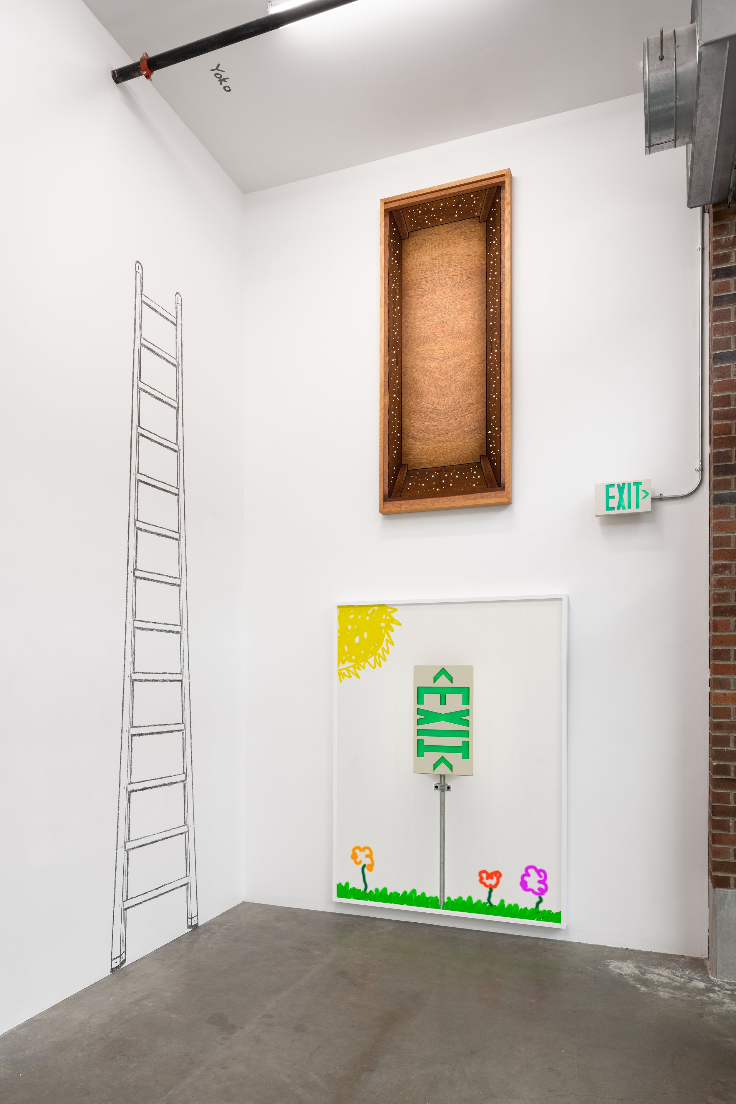 On left: a charcoal drawing of a ladder (scaling wall) with Yoko written above. In center: photograph depicting the interior view of a vertical wood box (high on wall). Below center: photo depicting an exit sign – mirroring the gallery's exit sign.