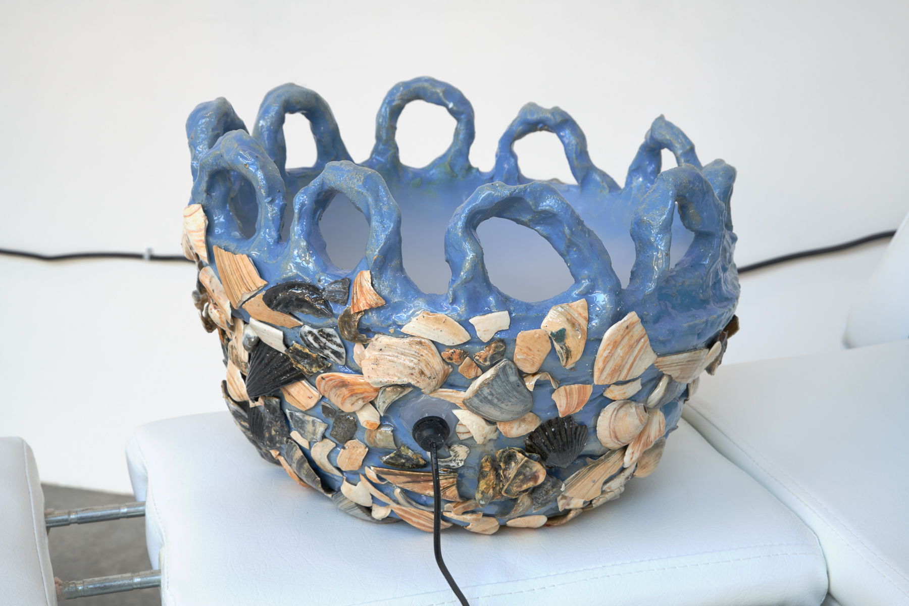 Fountain Prototype 3 Ceramic, glaze, resin, seashells, pond mister, and water