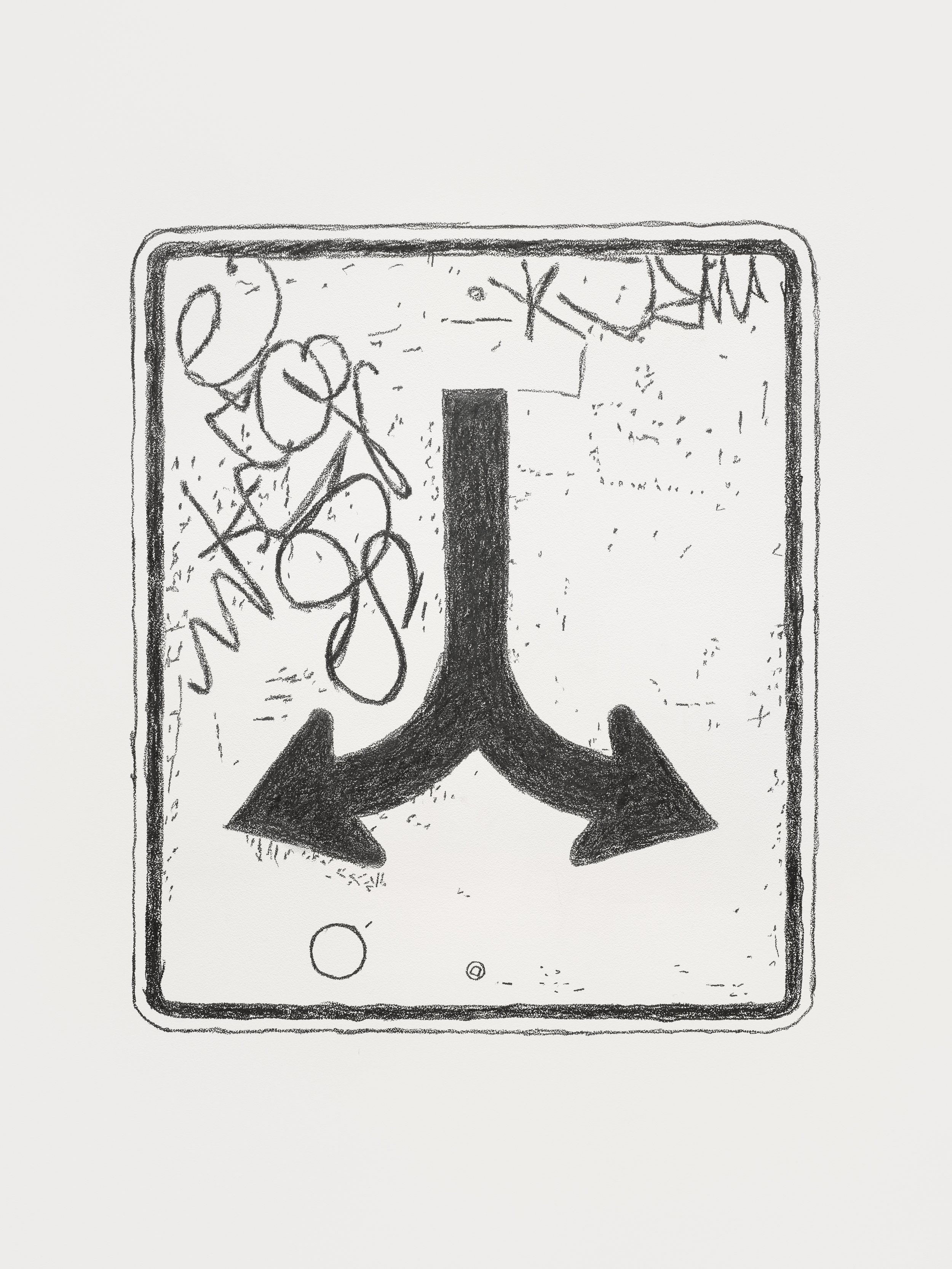 Charcoal drawing of a traffic sign that indicates left or right turn only. The drawing includes graffiti on the sign.