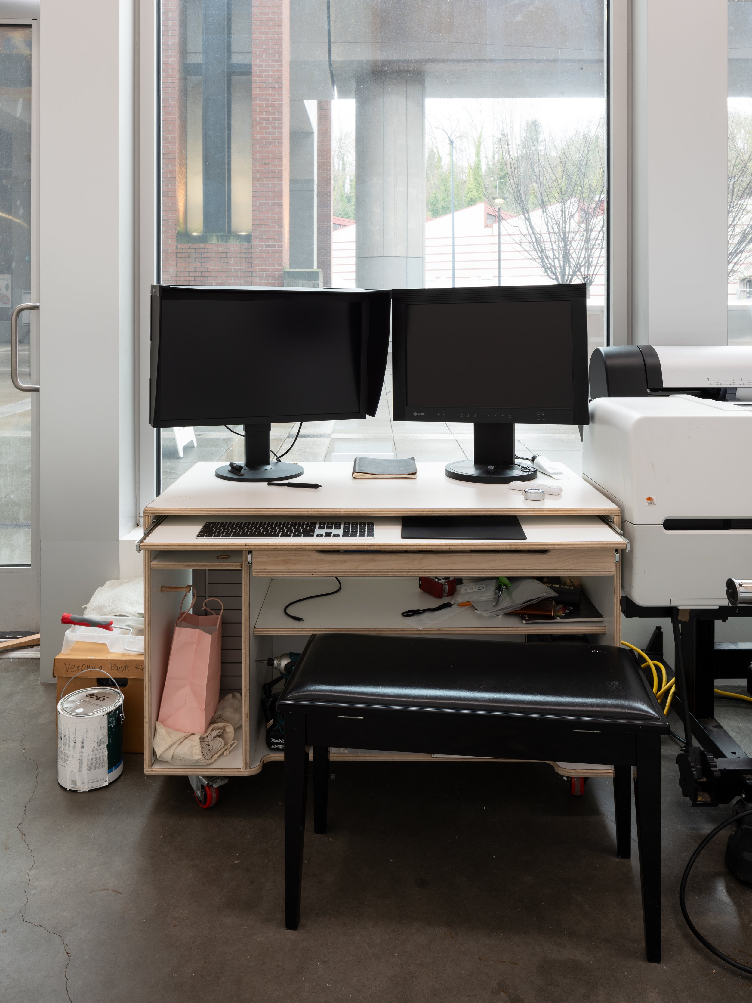 Artist tools (monitors and piano bench) used during Residency-ish.