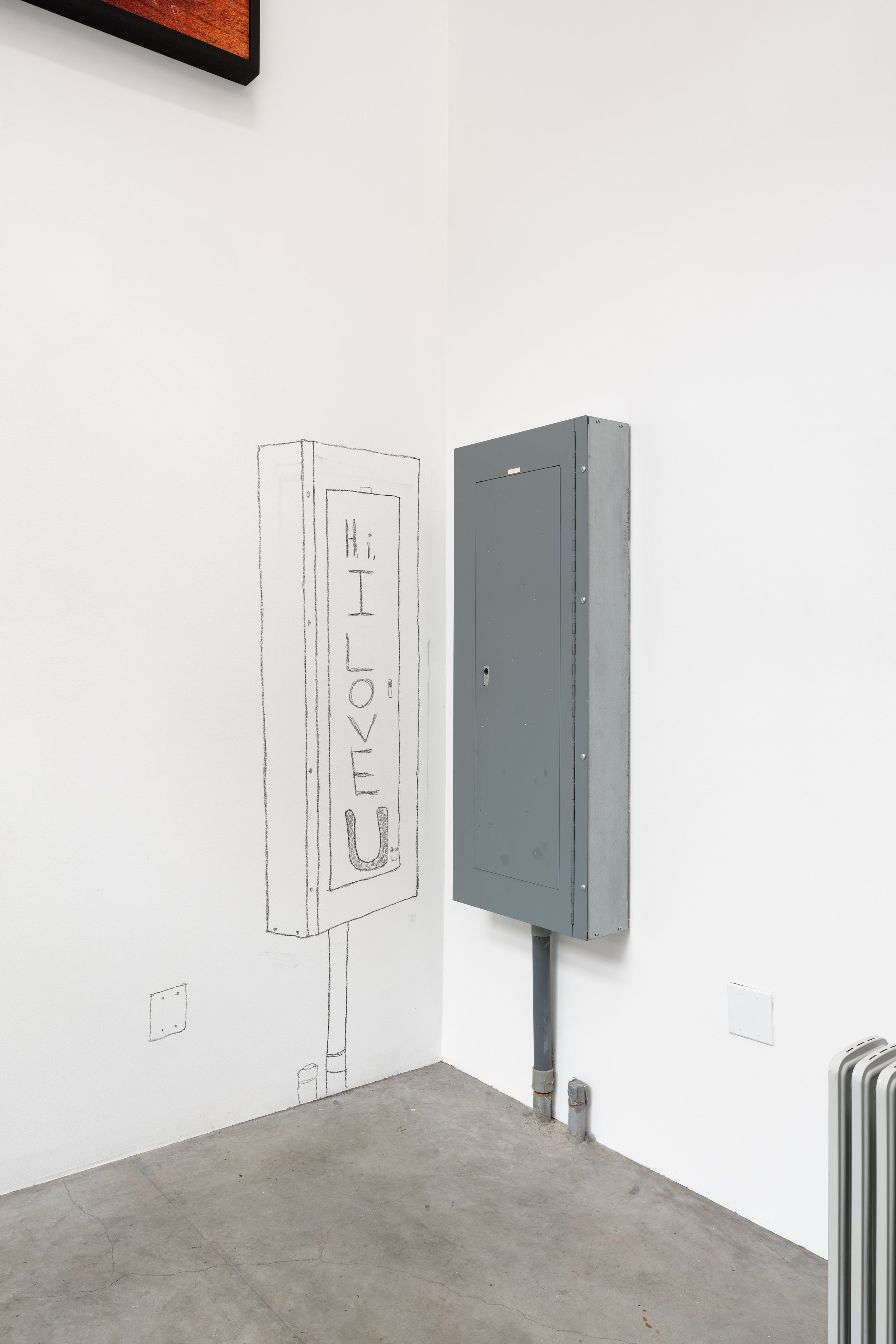 The gallery's panel box (R) and a mirror image charcoal drawing on the wall of the panel box (L). In center of drawing "Hi, I LOVE U :)" is written. Also on (L) are mirror view drawings of outlet cover and pipe stub on (R).