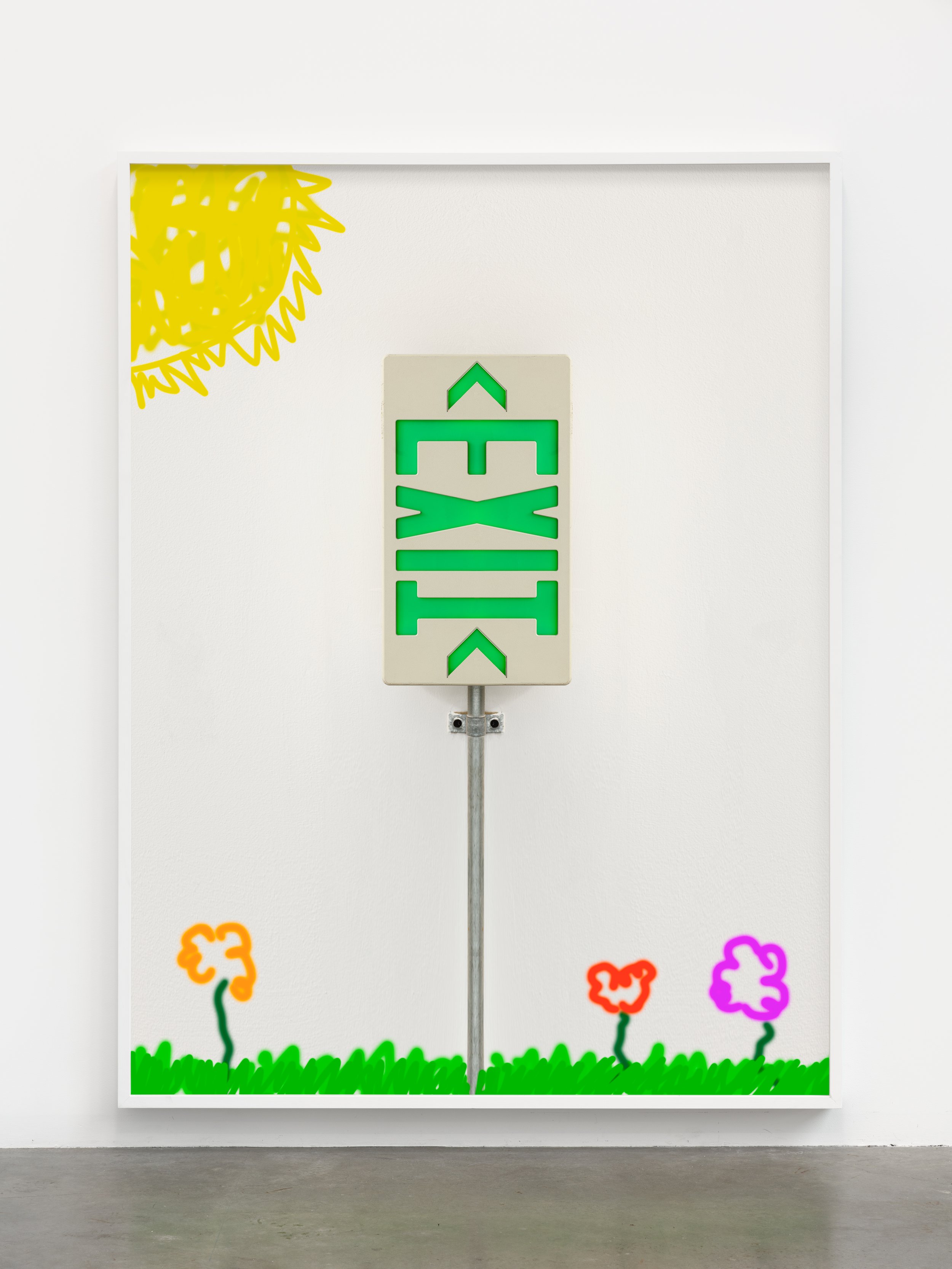 A large photograph depicting an exit sign and "childlike" color drawings of flower and a sun in the background.