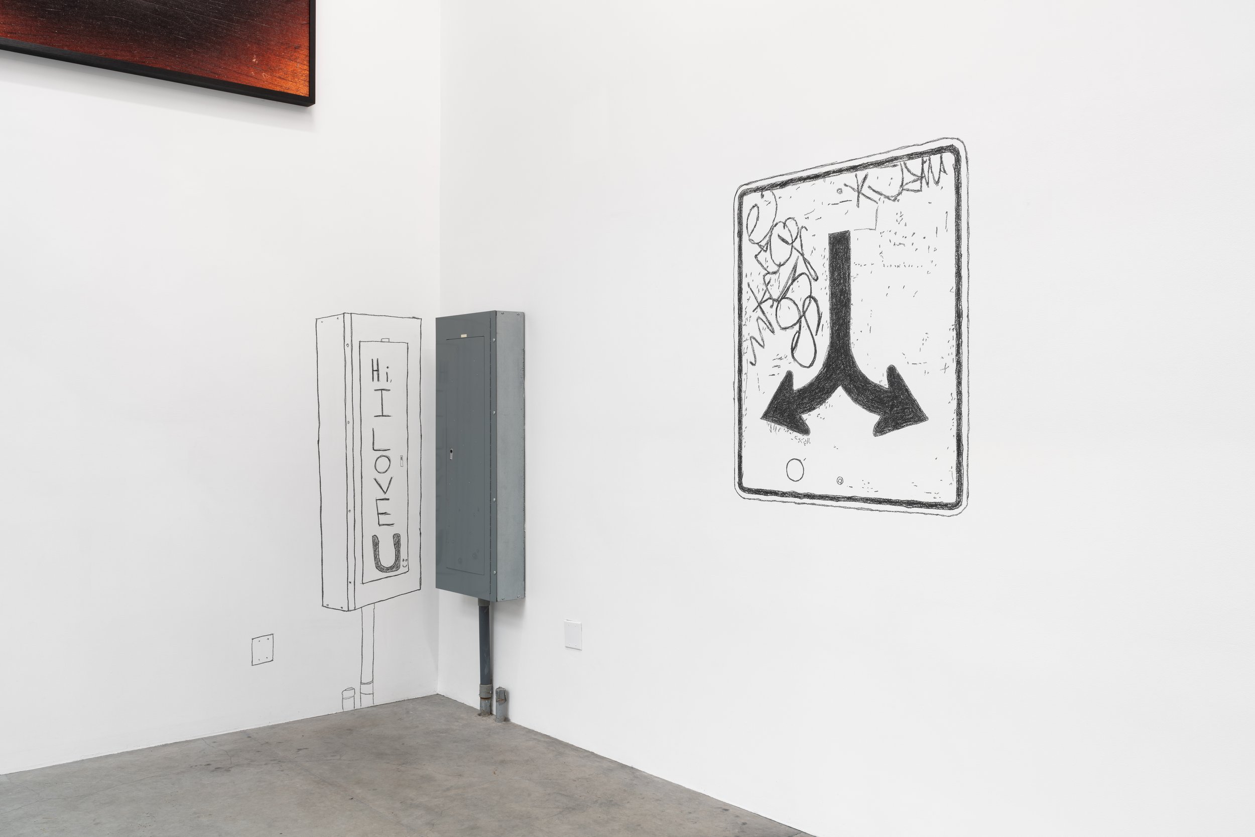 2 charcoal drawings: 1 depicting a traffic sign with two arrows pointing left and right only, and the other drawing depicts a mirror view of the gallery's panel box with text (saying Hi, I LOVE U) on left.