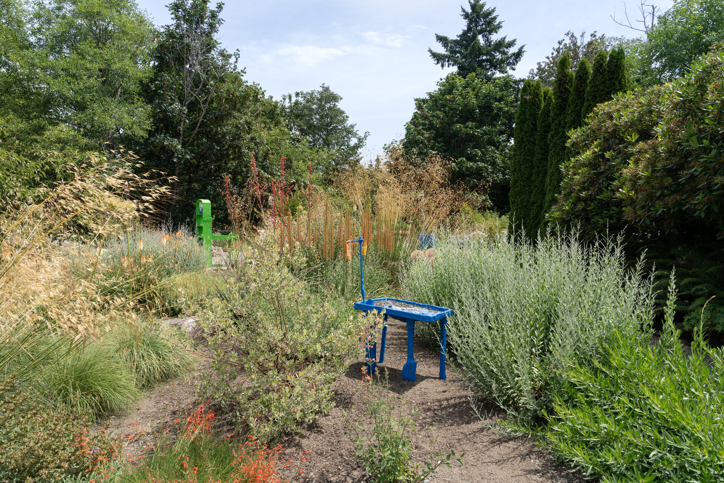 Colorful sculptures in a garden.