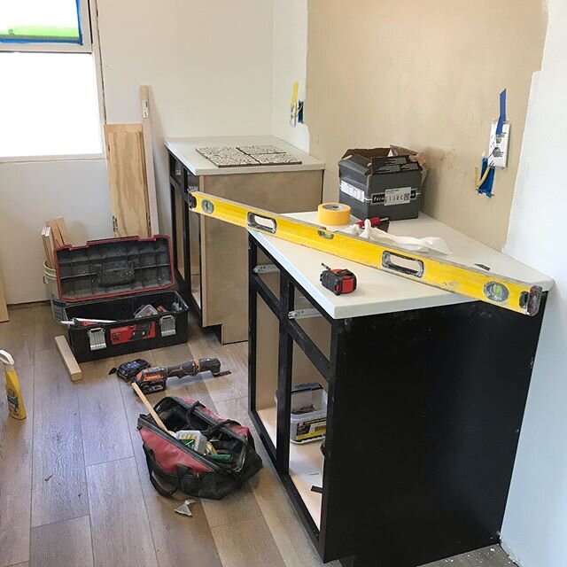 We are sooo excited about how these concrete countertops turned out with the black cabinets!! What do you guys think?? #concretecountertops #blackcabinets #kitchenremodel #kitchendesign #kitchenupdate