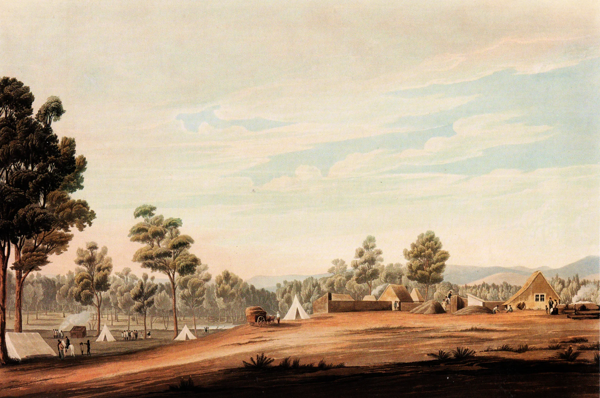 Robert Havell, engraver, Britain, 1793-1878, A view of the country and the temporary erections near the site for the proposed town of Adelaide in South Australia, 1837/38, published by Smith, Elder & Co., London, aquatint, hand-coloured with watercolour on paper, 36.8 x 54.5 cm (image); South Australian Government Grant 1973. Art Gallery of South Australia, Adelaide.