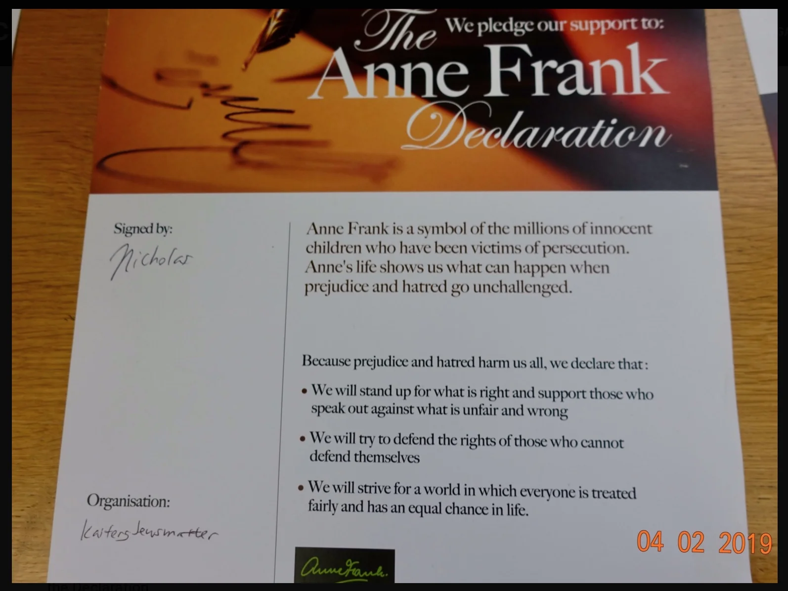 Official Signatory of the Anne Frank Declaration