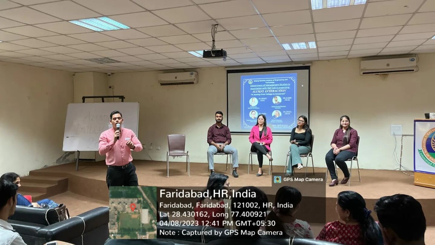Department of Management studies along with T&amp;P Cell organized an Alumni Interaction for BBA students on *April 8, 2023*.

Mr. Sudhir Tiwari, Ms. Yogita Chugh, Ms. Anisha Sharma and Ms. Srishti Malik were the guest. 
The session was started with 