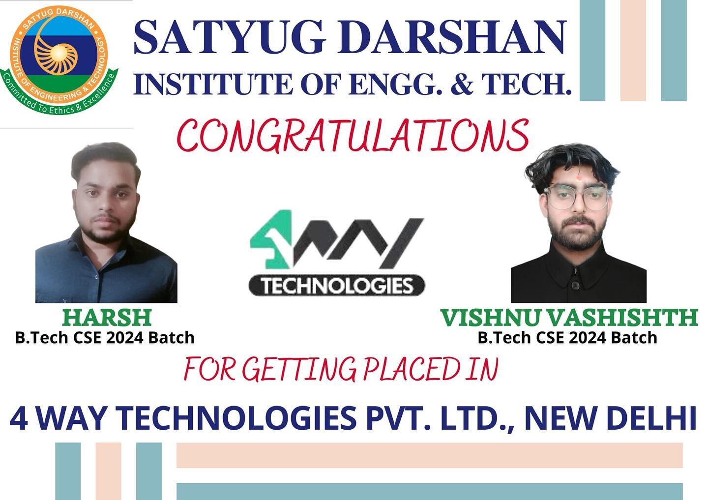 T&amp;P Cell SDIET along with Greater Noida Institute of Technology, Noida successfully conducted a Pool Campus Drive for *B.Tech CSE 2024* passing out students on July 17, 2023 and i am glad to share that our 2 students *HARSH &amp; VISHNU VASHISHTH