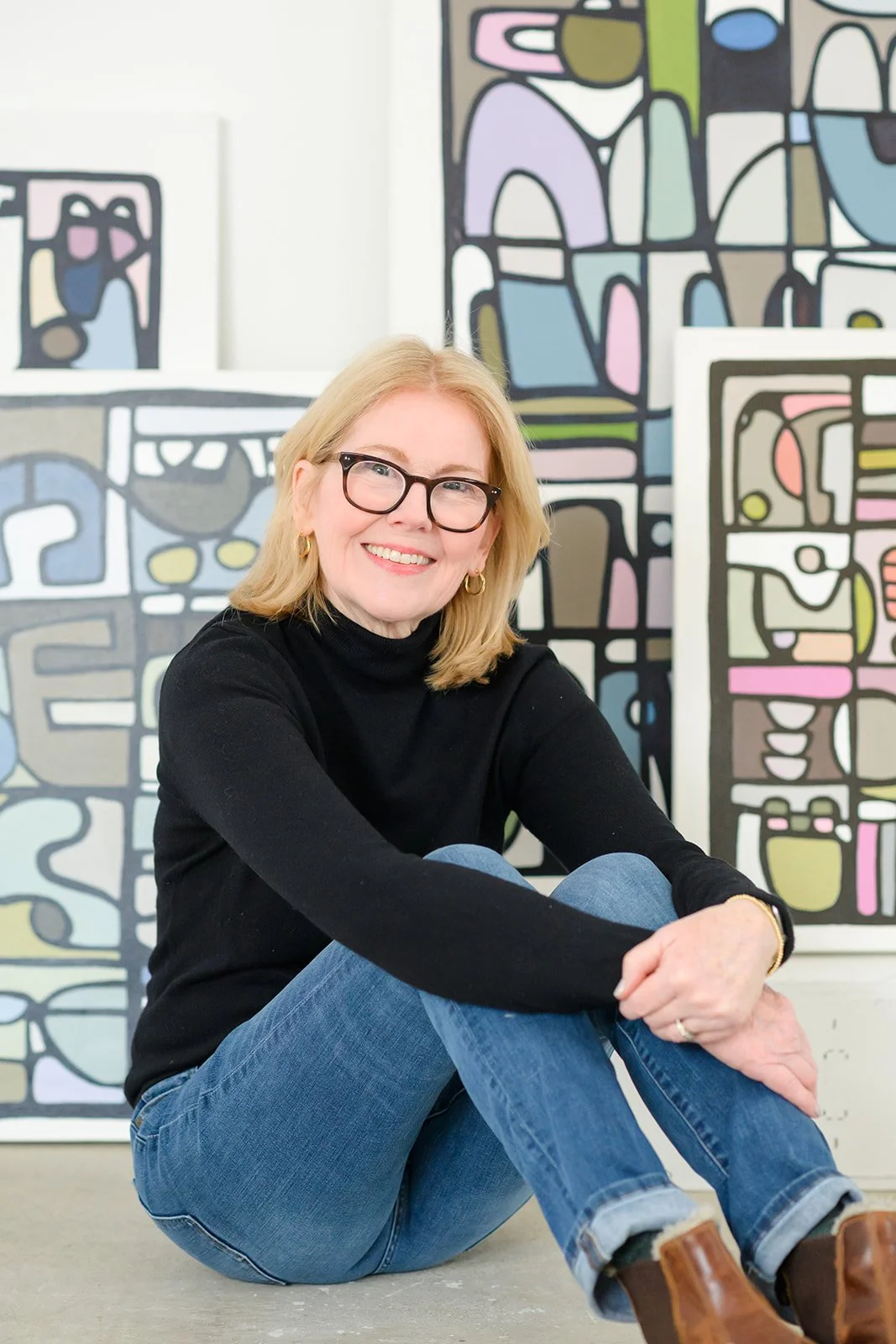 Denise Mortensen is a New Jersey abstract artist known for SHELFIES® — colorful, bright, and sentimental original abstract paintings inspired by collected objects, memory, nostalgia, and joyful modern interiors.