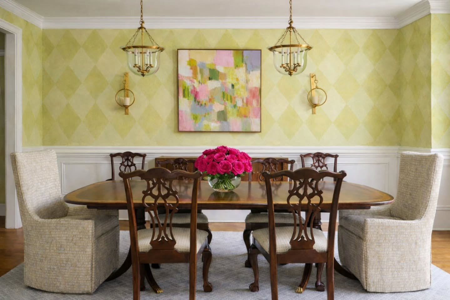 Sustainability doesn&rsquo;t mean starting over. 

In this dining room, we kept what mattered&mdash;the existing table and wood chairs&mdash;and reimagined everything around them.

By layering in a custom wall finish, updated lighting, new upholstery