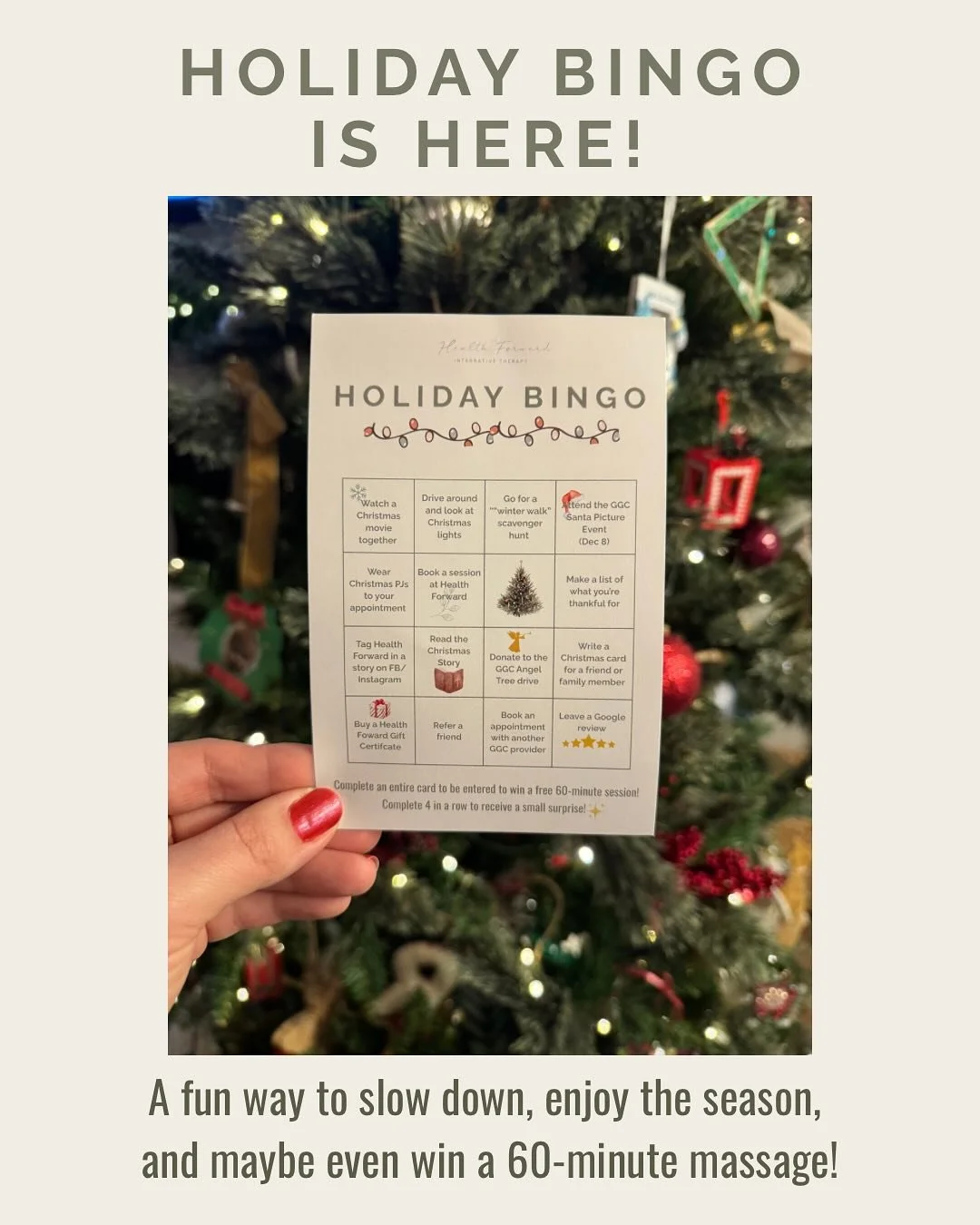 It&rsquo;s officially Holiday Bingo season at Health Forward! 🎄✨

I&rsquo;ve loved giving these out in person &mdash; and now you can play along digitally, too.
This is a fun, low-pressure way to find small moments of joy, connection, and calm durin