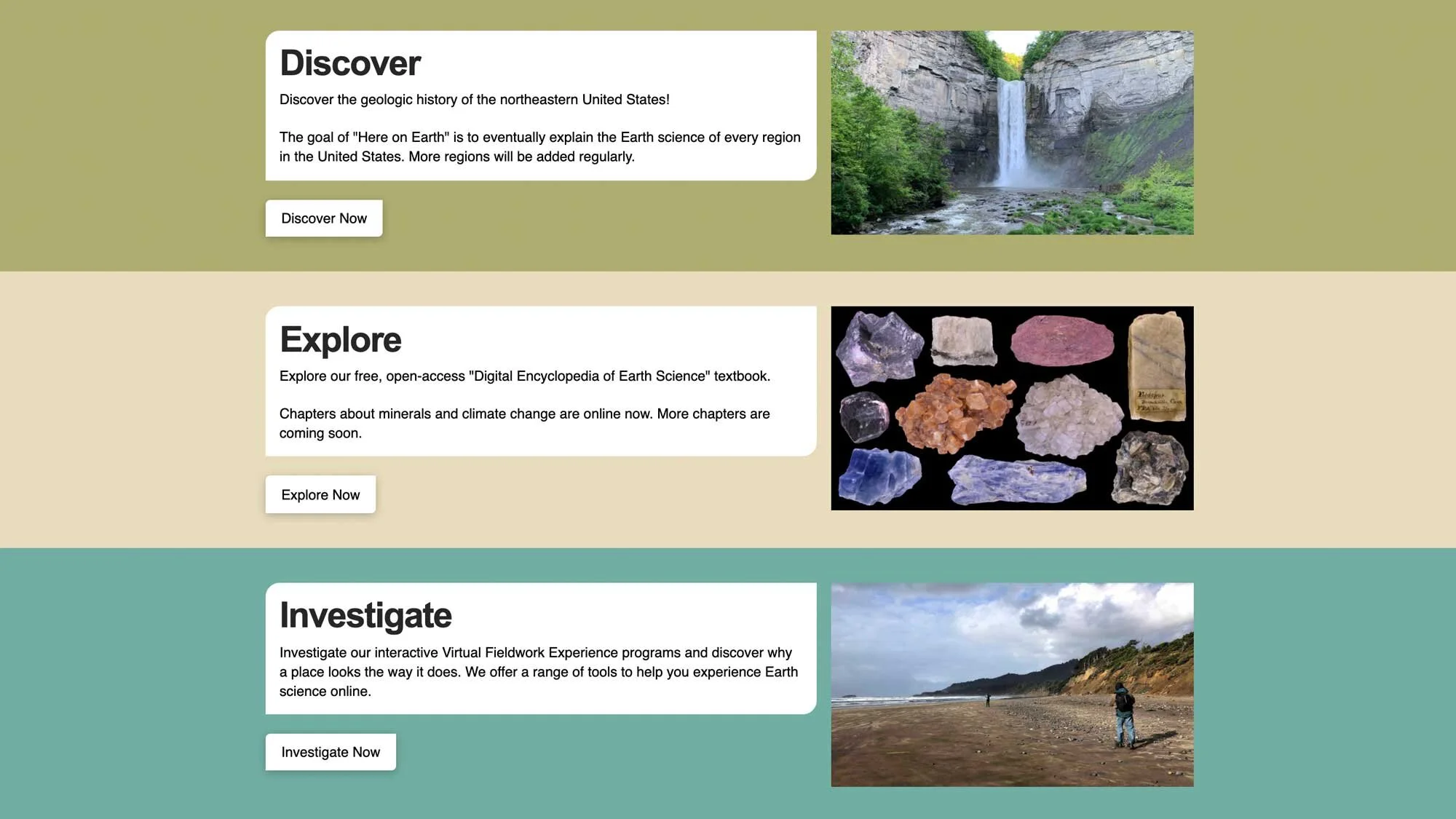 Screenshot from the Earth@Home homepage: discover, explore, and investigate your Earth.