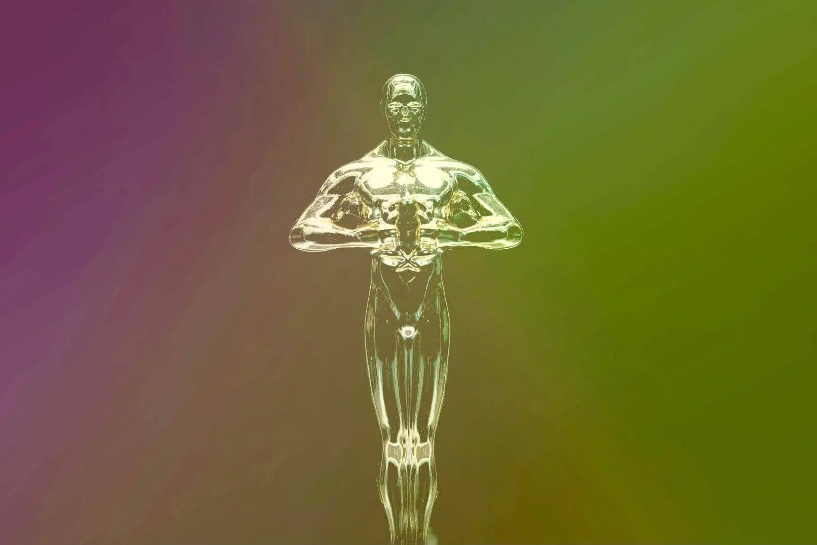 A transparent, glass-like sculpture of a human figure with hands on stomach, set against a gradient background transitioning from purple to green.