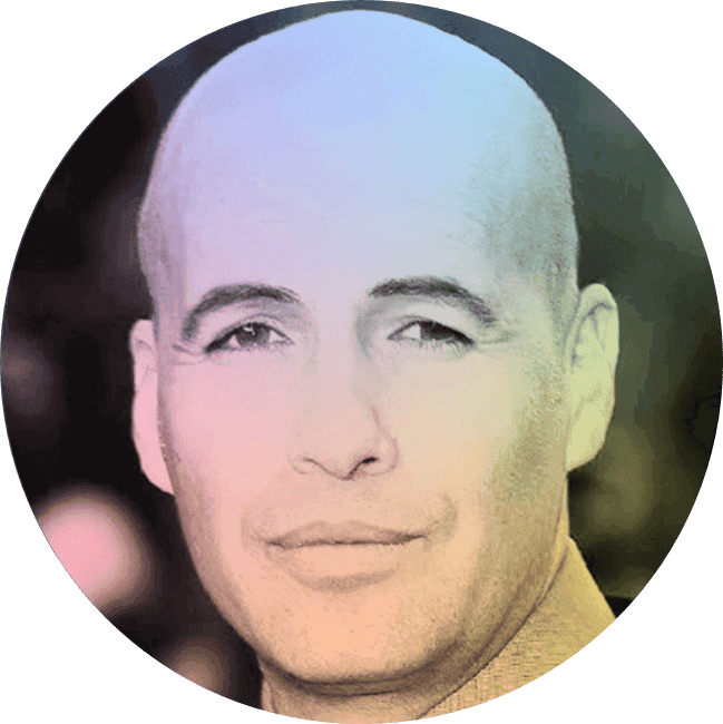 Close-up of a person's face with a light rainbow-colored overlay, looking at the camera with a slight smile.