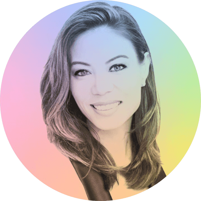 A woman with long wavy hair smiling, with a multicolored pastel background.