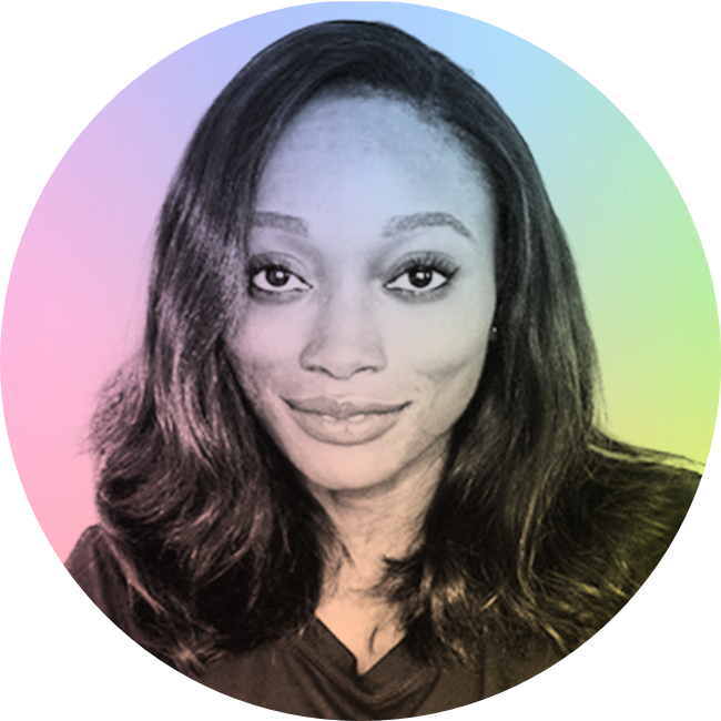 Black and white portrait of a smiling woman with long wavy hair, set against a colorful gradient background.