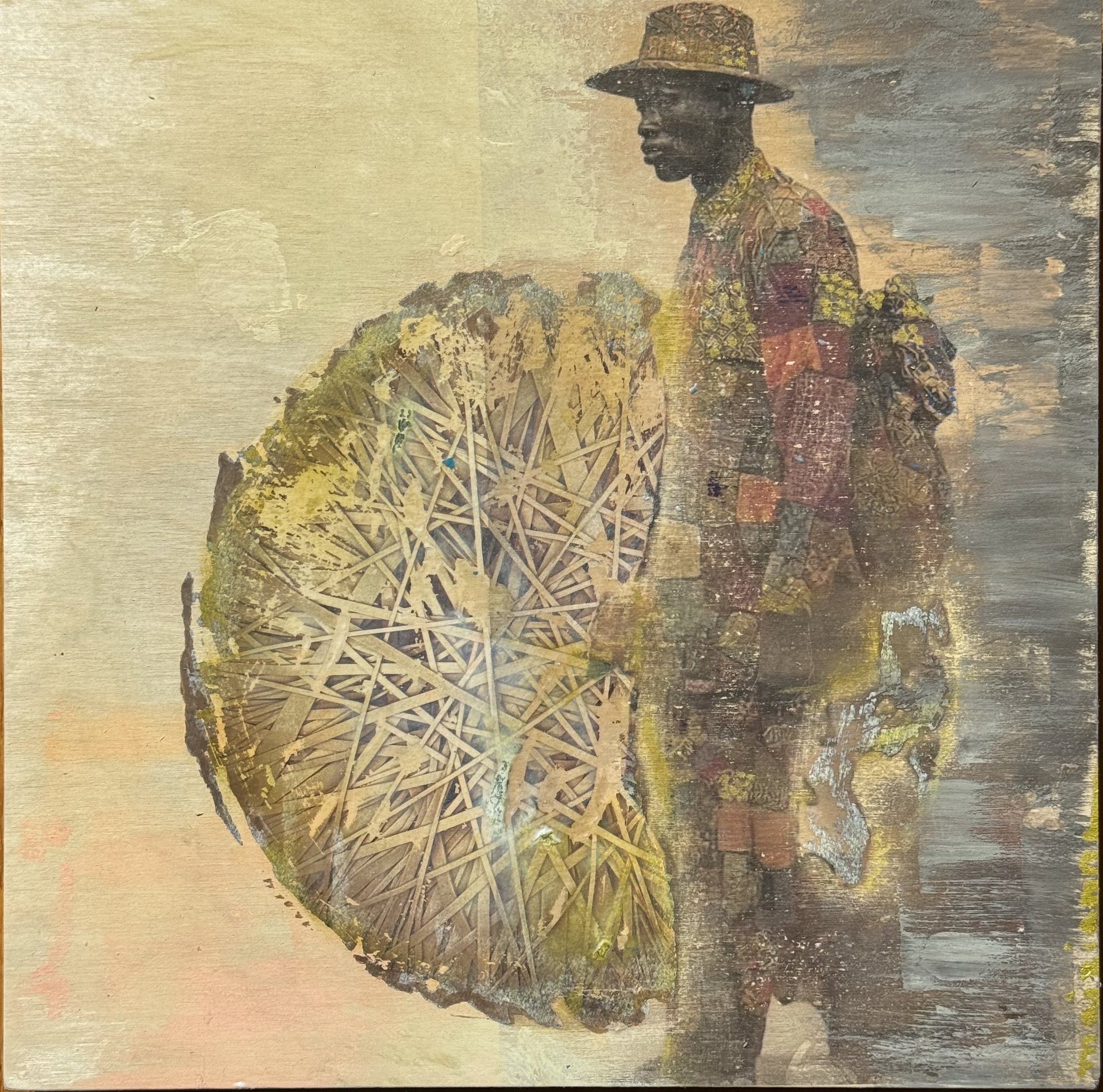 "Finding a way through". 10x10x1 - Acrylics/transfer on wood