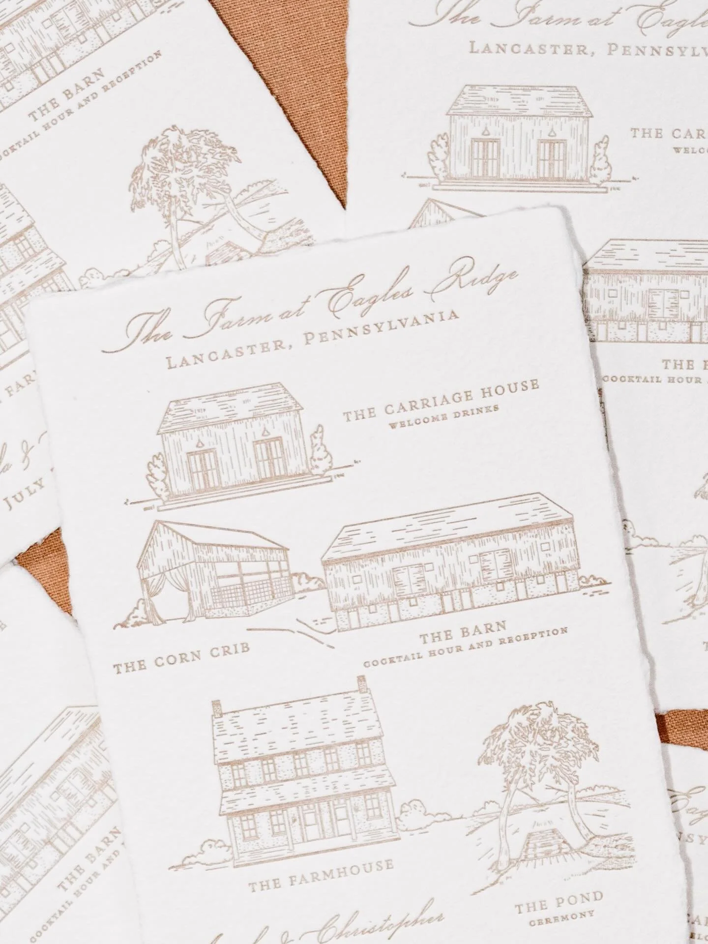 Venue illustrations in letterpress on handmade paper for A&amp;C 🍂

#stationery #weddings #weddingstationer #letterpress #engaged