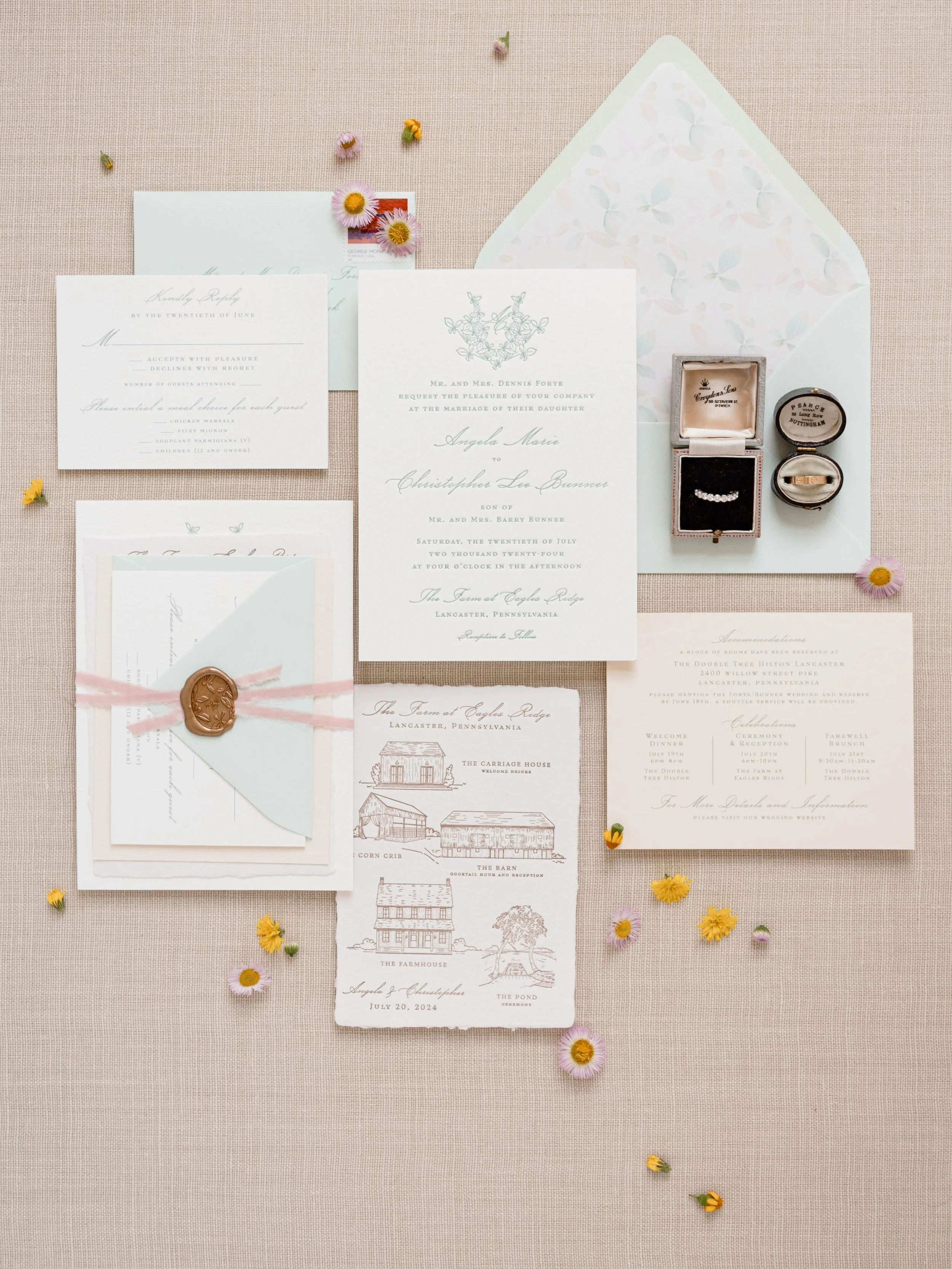 Pastels all day ✨ 

What&rsquo;s in this suite? 

1️⃣ Custom monogram + wax seal
2️⃣ Illustrated map card
3️⃣ Blind impression, letterpress + digital flat printing
4️⃣ Silk ribbon
5️⃣ Working with a wedding stationer

#stationery #stationerydesign #w