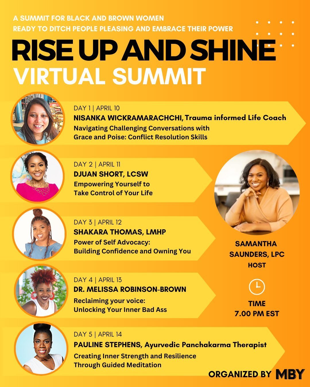 Calling all black and brown women! 

It's time to rise up and shine at our upcoming summit! Join us to learn how to take charge of your life and embrace your authentic self. Register now and get ready to stop people-pleasing and start living your bes
