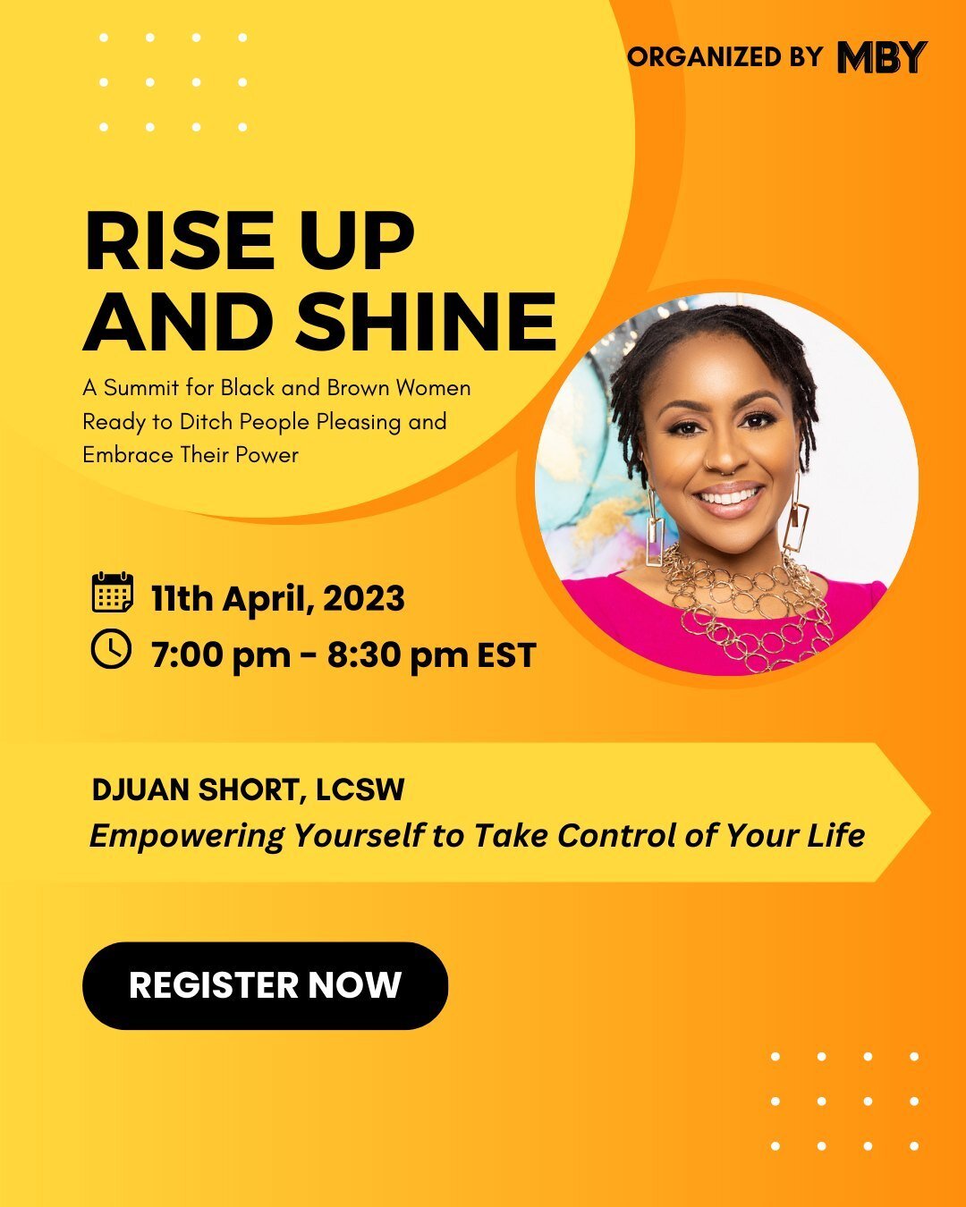 Are you ready to step into your power and take control of your life? 

Our Rise Up and Shine Summit is the perfect place to start! 

This event is specifically designed for black and brown women who want to overcome the unique challenges of living in