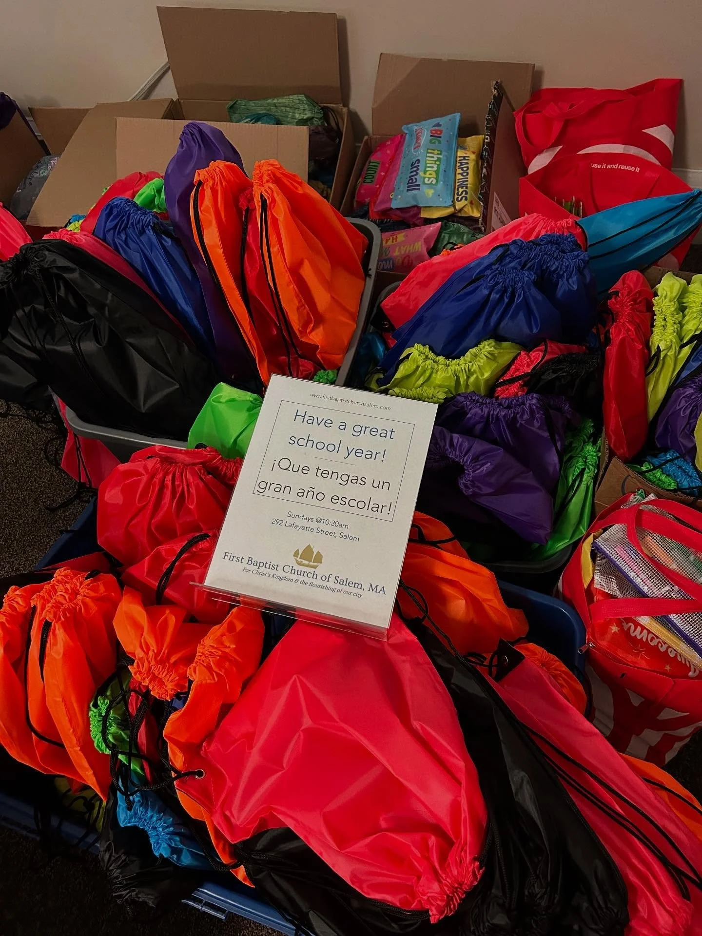 300 bags of school supplies all ready for @salemk12ma families! Very grateful for our church&rsquo;s generous donations again this year. We&rsquo;re praying for all the city&rsquo;s kids and families as they get ready for another school year!