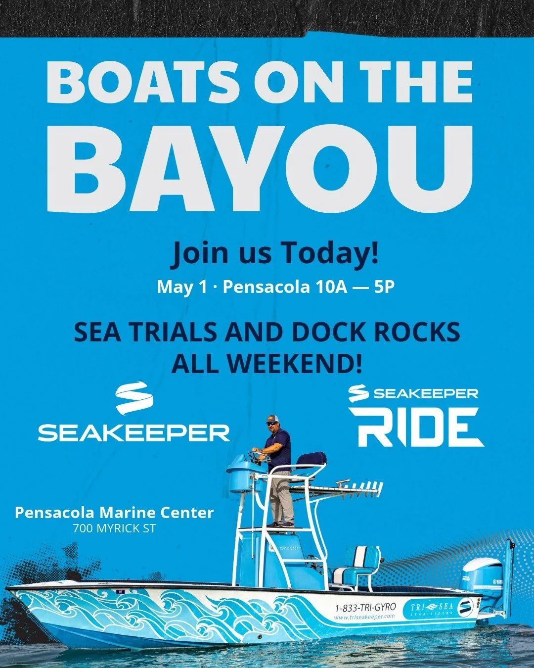 🌊 Boats on the Bayou &mdash; We're Here TODAY!
Come experience the difference for yourself. Tri Sea Stabilizers has their Demo Boat on the water at Pensacola Marine Center for live sea trials &mdash; step aboard and feel what a @Seakeeper gyro stabi