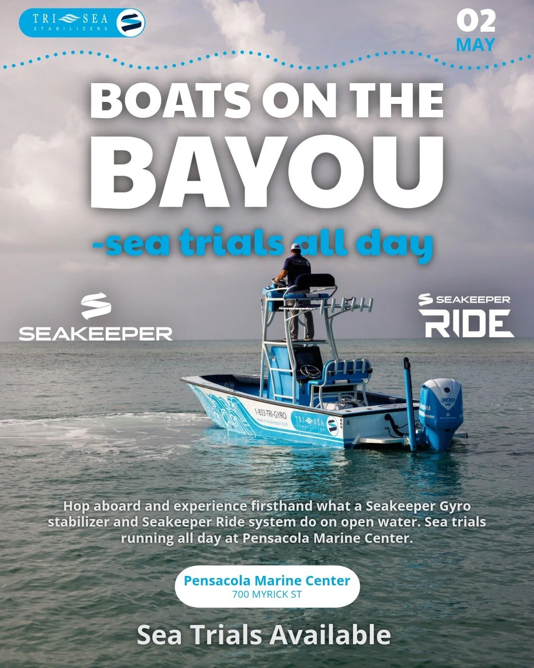 🌊 Boats on the Bayou &mdash; We're Here TODAY!
Come experience the difference for yourself. Tri Sea Stabilizers has their Demo Boat on the water at Pensacola Marine Center for live sea trials &mdash; step aboard and feel what a @Seakeeper gyro stabi