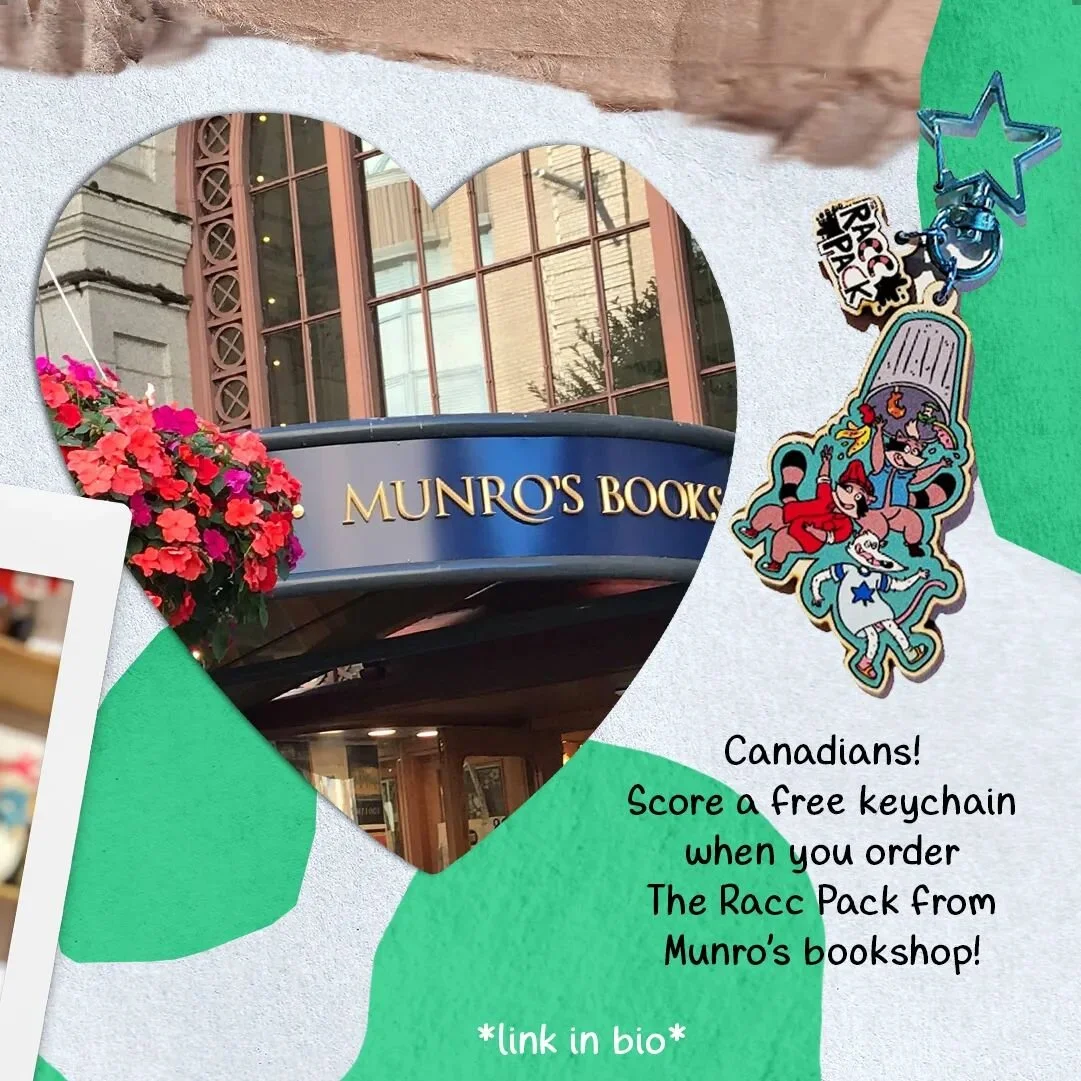🇨🇦 Hey Canada! We got so lucky to team up with the most beautiful bookshop in the North, @munrokidsbooks! Now you won't have to pay international shipping to score a keychain with your order of The Racc Pack! Head over to the link in my bio to secu
