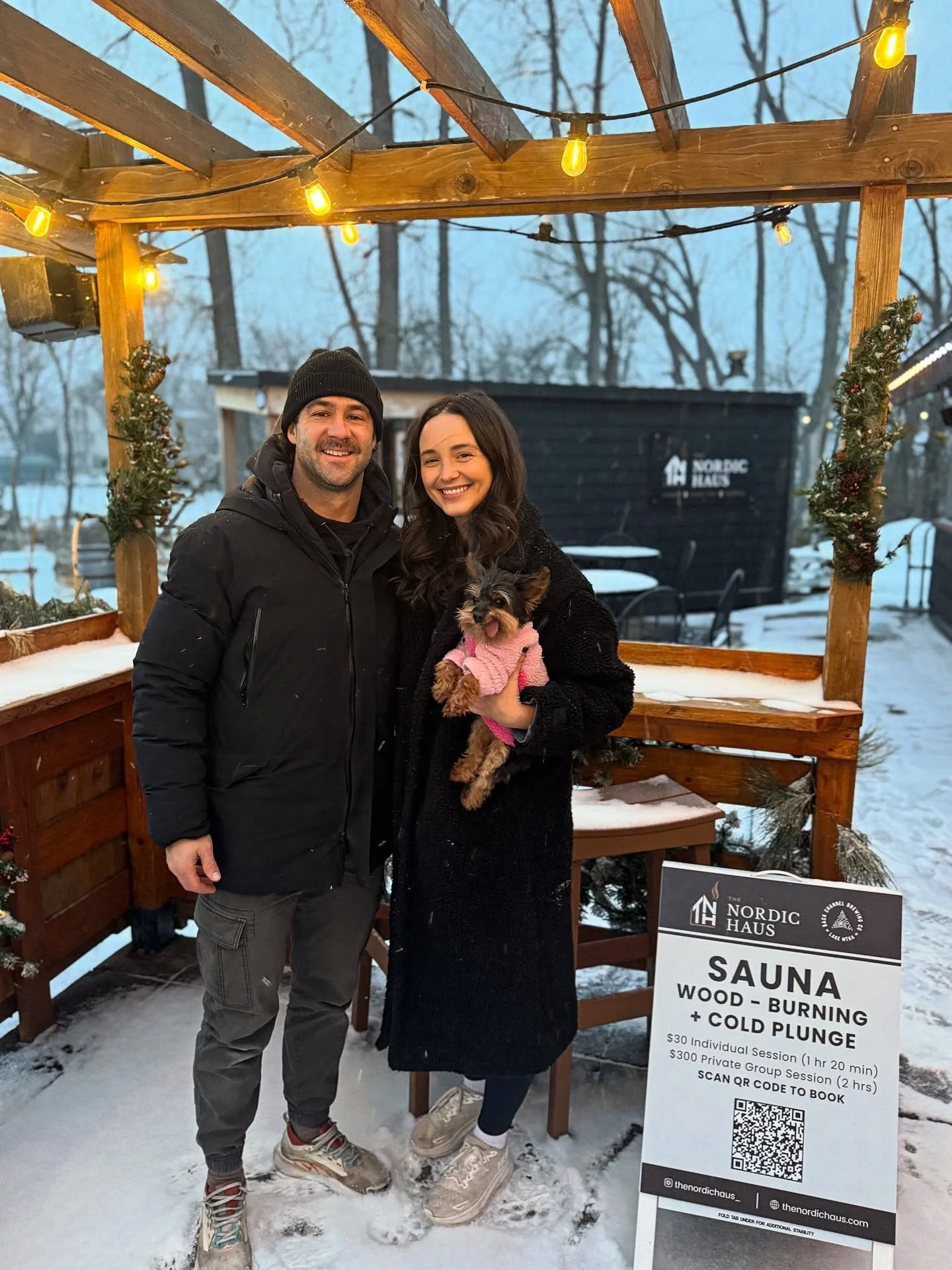 If this cold snap doesn&rsquo;t have you thinking about sauna, hopefully this pic of Sam, Lauren, and the best little brewery/sauna mascot, Ella, will.

@thenordichaus_ sauna is ripping and roaring this weekend, so take advantage of their amazing set