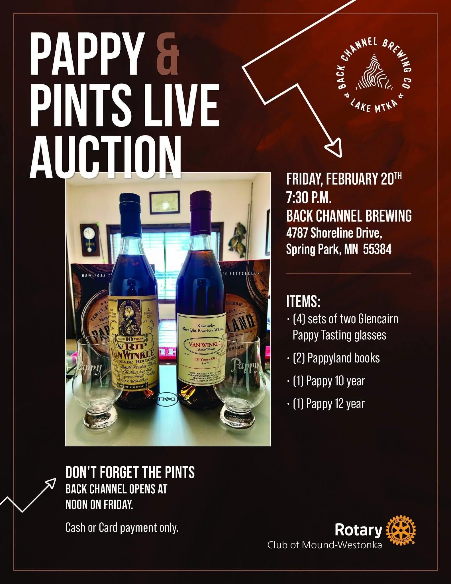 Join us tomorrow, Friday Feb 20th, for the Pappy &amp; Pints Live Auction supporting the Rotary Club of Mound-Westonka.

Up for auction:
+  Pappy 10 year
+  Pappy 12 Year
+  4x Glencairn Pappy tasting glass sets
+  2x Pappyland books

Back Channel op