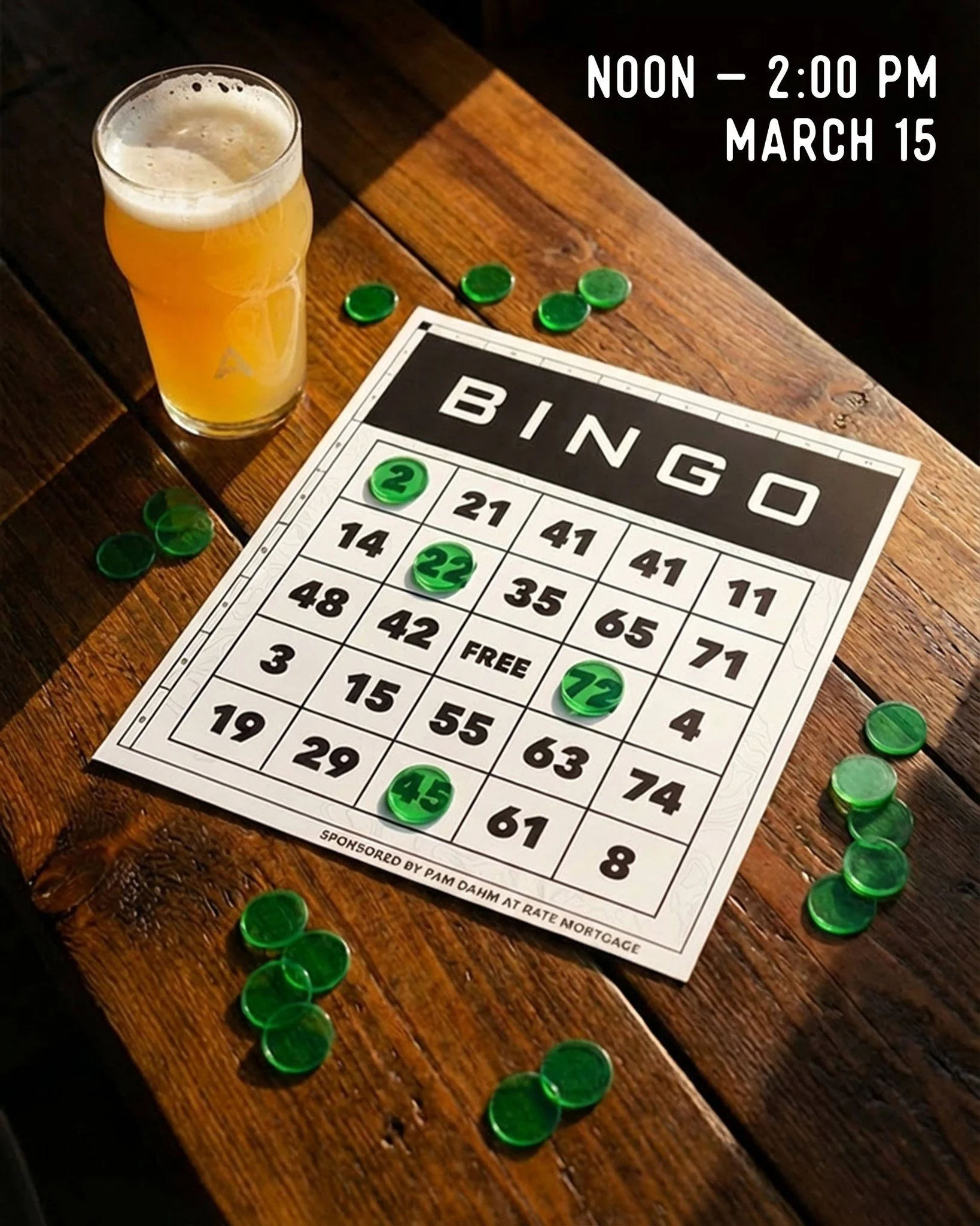 Feeling lucky?

Join us for L-U-C-K-Y Bingo in the taproom sponsored by Pam Dahm at RATE Mortgage.

Sunday, March 15
Noon &ndash; 2 PM

A little St. Patrick&rsquo;s Day luck, a few pints, and a chance to shout BINGO.

Grab your crew and stop by the t