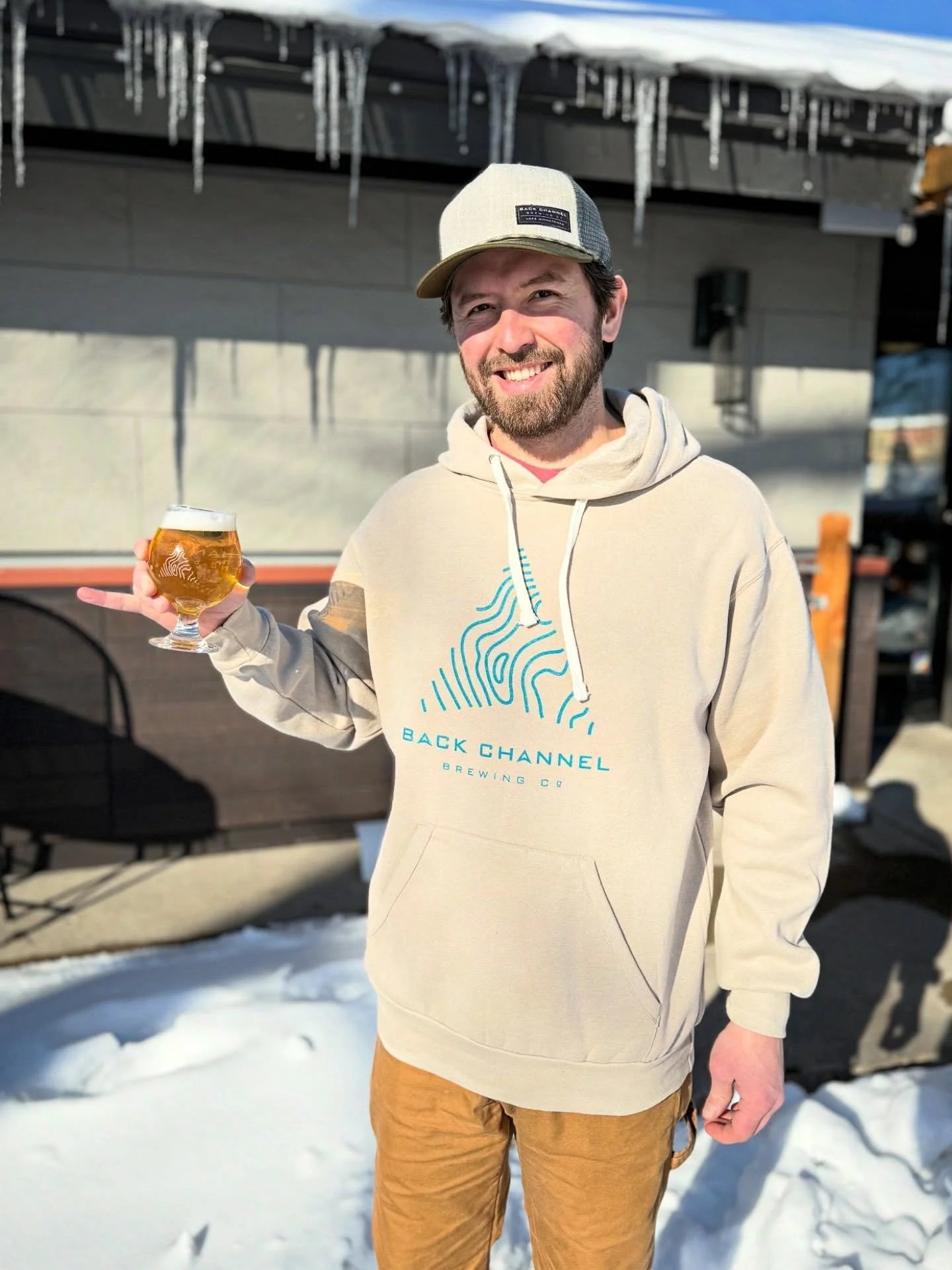 Pinkies out when enjoying a cold one in our new cream &amp; teal hoodie.

Score this garment, and many more, to round out your spring wardrobe.

On sale now!