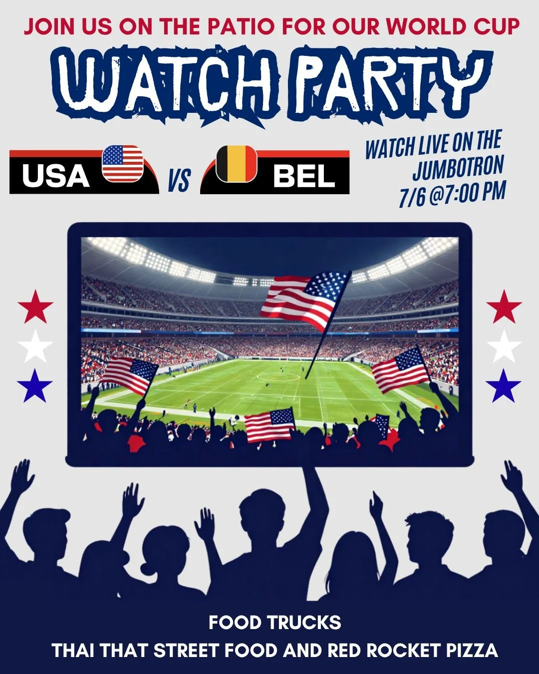 🎉⚽️ Let's Keep the USA Party Going! 🇺🇸🎉

Join us tomorrow at 7 PM for an epic World Cup watch party as the USA takes on Belgium on our massive jumbotron! 

Come decked out in your red, white, and blue, and get ready for an unforgettable night fil