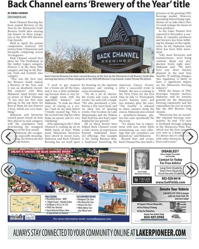 Last week&rsquo;s The Laker &amp; Pioneer highlighted what has always been most important to us: creating a place where people want to gather.

&ldquo;After opening in 2017, Back Channel is coming up on its 900th batch of beer. While many Minnesota b