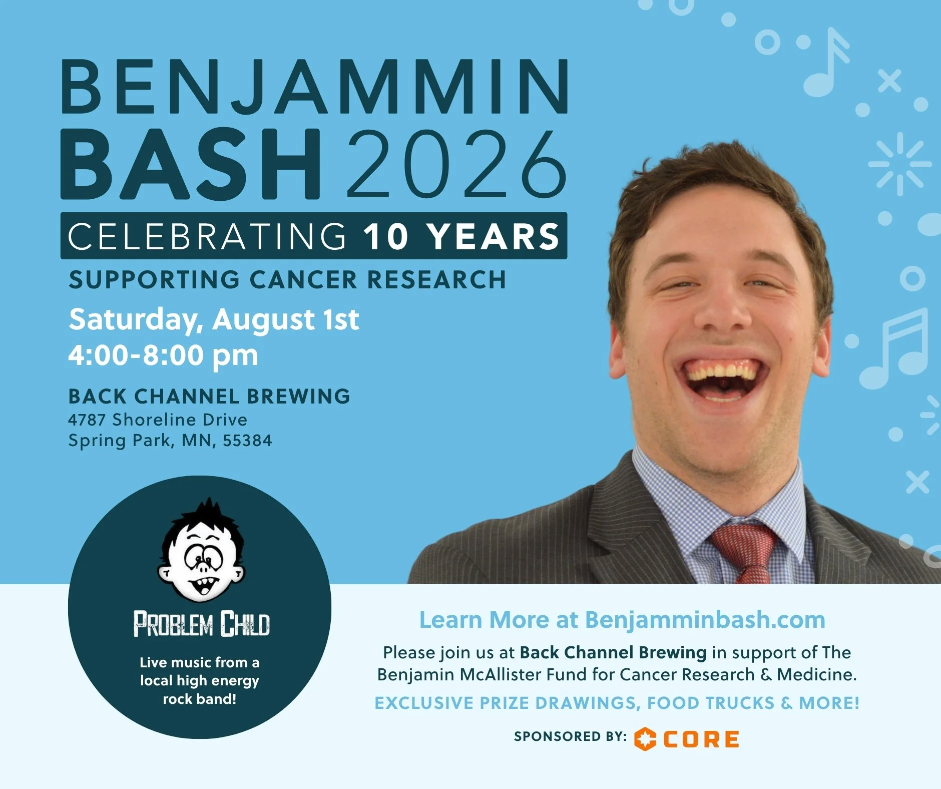 Join us this Saturday 4:00-8:00 PM for @benjamminbash with live music from Problem Child. 

You won't want to miss this fun evening as The Benjamin McAllister Fund for Cancer Research &amp; Medicine celebrates 10 years. @russellstravelingkitchen will