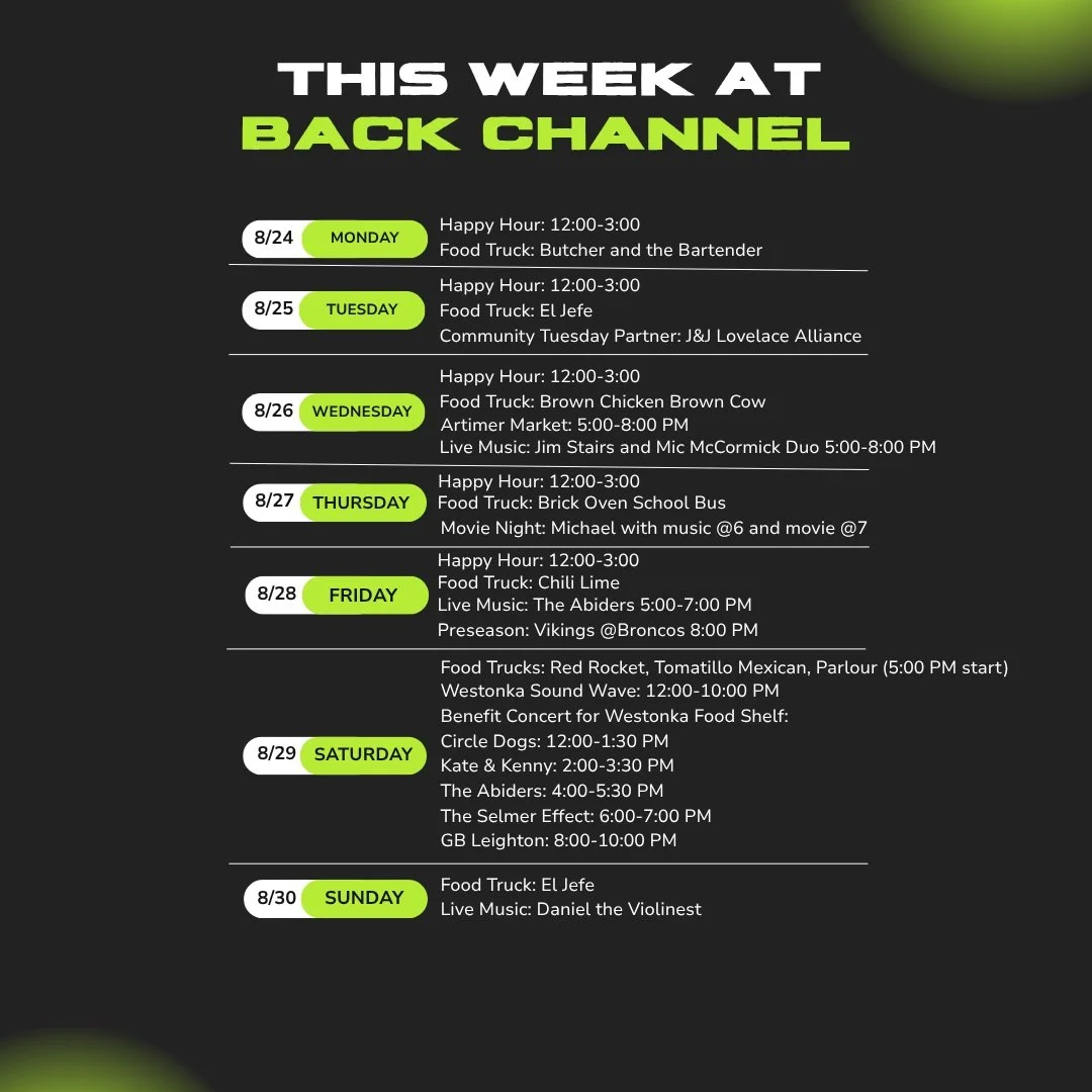We are PACKING in the fun this week and soaking in every last drop of summer. We hope you will join us. 
#mn #twincities #mnfoodtruck #livemusic