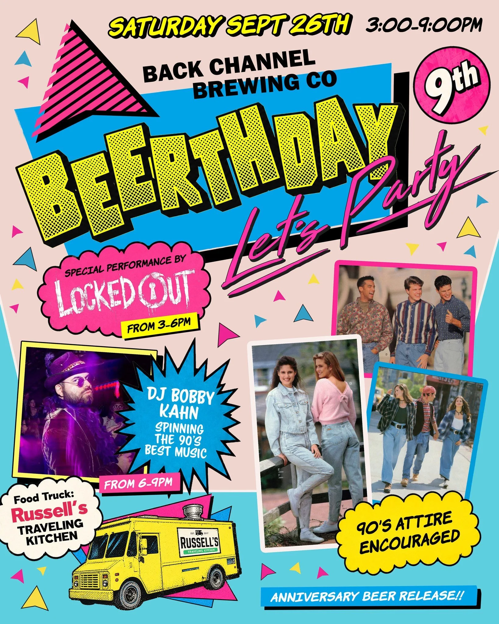 Back Channel is turning 9!

We&rsquo;re throwing it back to the &rsquo;90s for our 9th Beerthday Party. 

Saturday, September 26 // 3&ndash;9PM

What's a throwback party without the sounds of the 90's:

3&ndash;6PM // Locked Out @lockedout_band 
Live