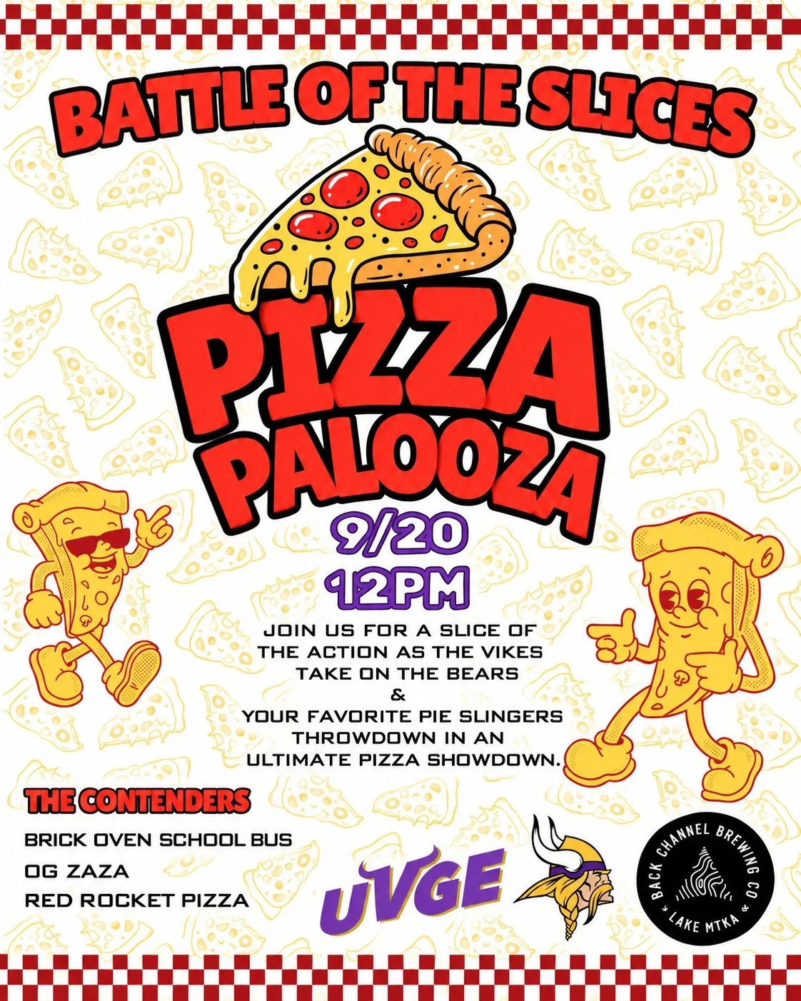 UVGE + PIZZA PALOOZA.

This Sunday we&rsquo;re adding a little extra flavor to the Ultimate Vikings Gameday Experience as the Vikings take on the Bears at NOON.

The pregame starts at 11AM, and so does the pizza. @thebrickovenbus , @ogzaza_mn + @redr