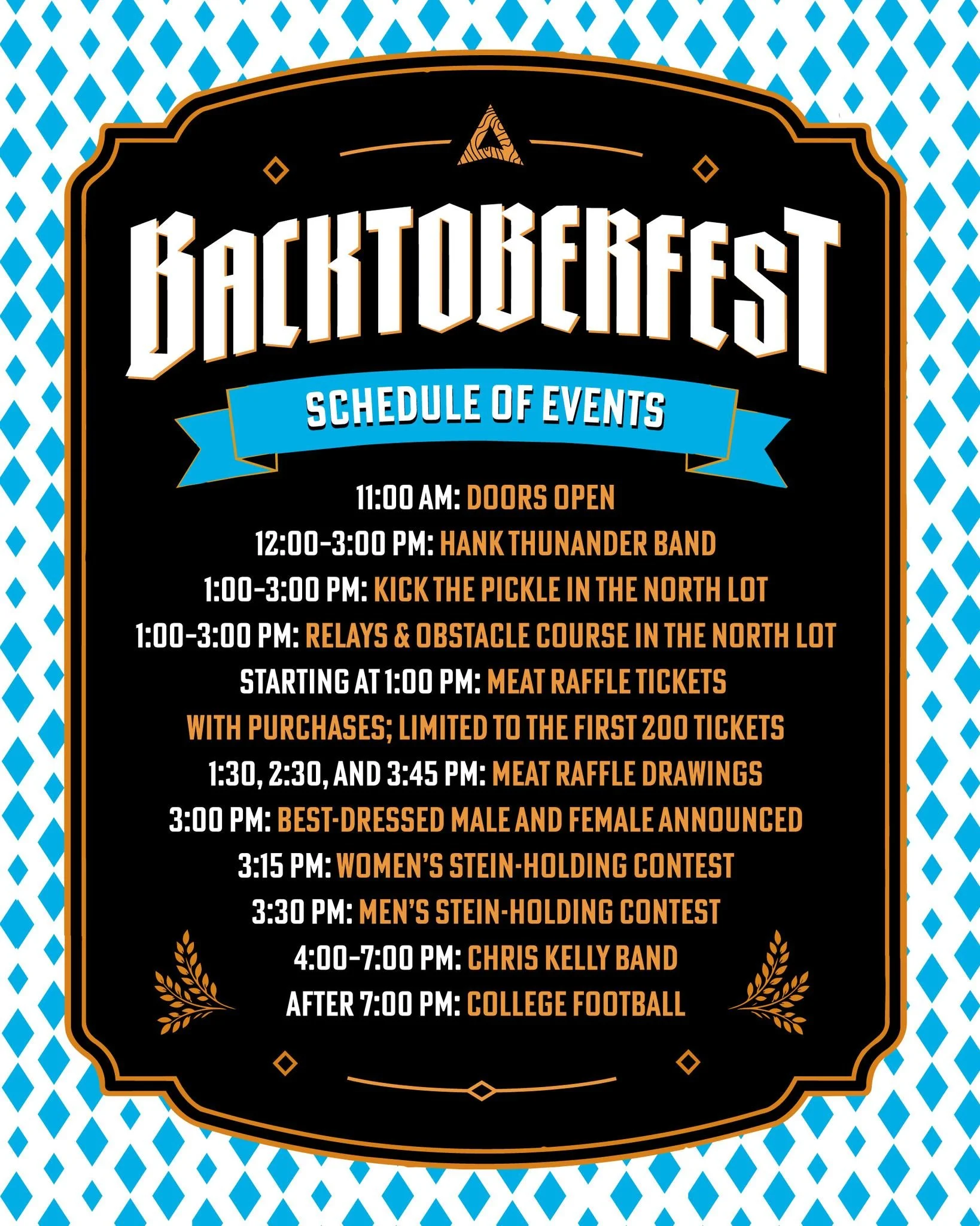 Today&rsquo;s the day! 🍺

Backtoberfest starts at 11:00 AM. Come early, grab your spot, enjoy the food and music, and stay for the contests, raffles, and live entertainment.

‣ 11:00 AM: Doors open
‣ 12:00&ndash;3:00 PM: Hank Thunander Band
‣ 1:00&n