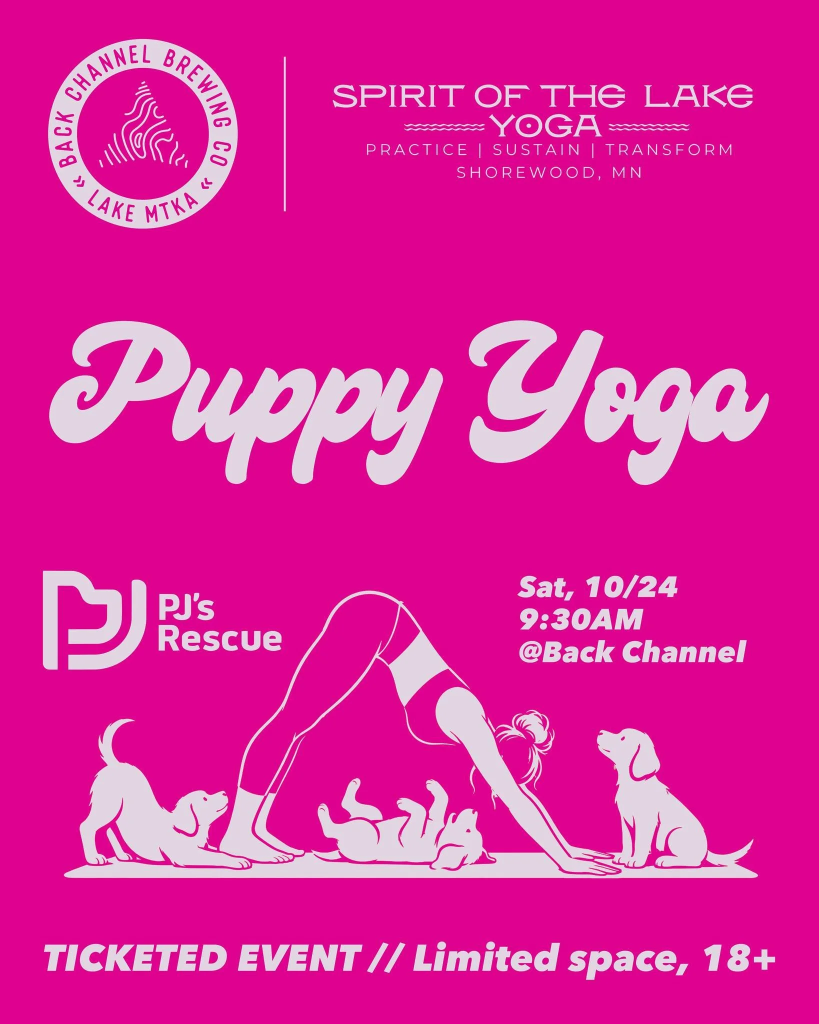 Puppies + yoga. We&rsquo;re in.

Join us Saturday, October 24 at 9:30AM for Puppy Yoga at Back Channel with @spiritofthelakeyoga, benefiting @pjsrescuemn!

Roll out your mat for a relaxed yoga session surrounded by adoptable puppies. Every ticket hel