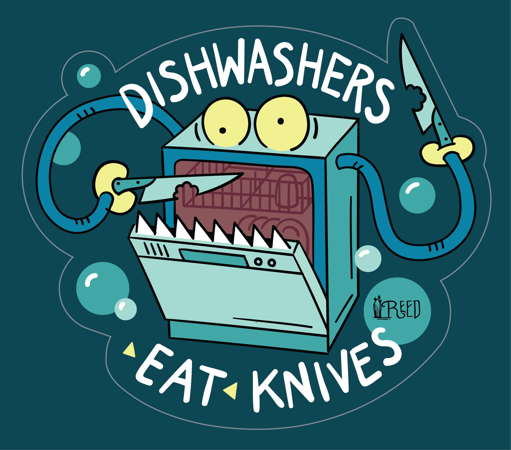 cartoon dishwashing machine chomping down on kitchen knives for breakfast.