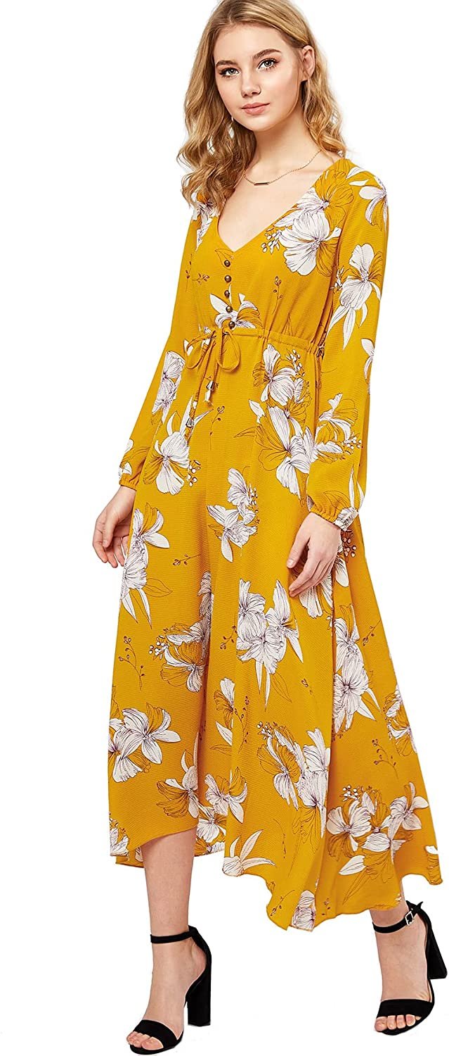 Women's Button Up Split Floral Print Flowy Maxi Dress 