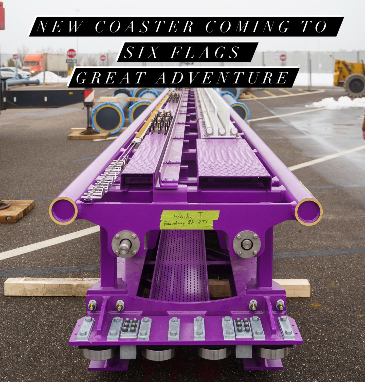 🚨 IT&rsquo;S PURPLE 🚨 Track is now on-site for the 2027 coaster coming to Great Adventure! The track will feature a bold purple track with black supports and I spy some German giving further indication to the manufacturer 👀 
.
📸: @sfgradventure 
