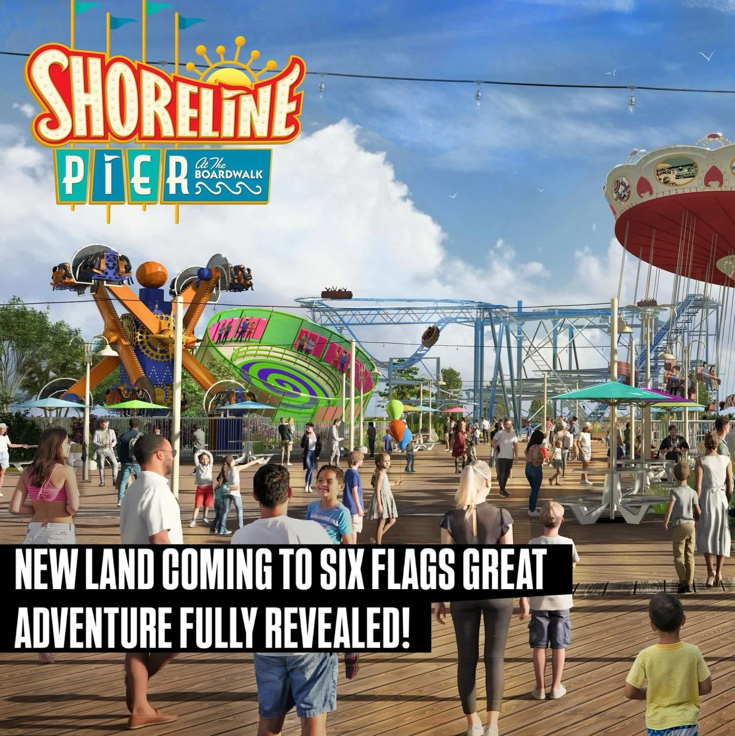 🚨 SHORELINE PIER ANNOUNCED 🚨 2026 gets even BIGGER at Six Flags Great Adventure with the opening of Shoreline Pier at the Boardwalk! There will be SO much to do here! 
Five rides! 
- Barrels O&rsquo; Fun roller coaster
- Flying Scooters 
- Wave Swi
