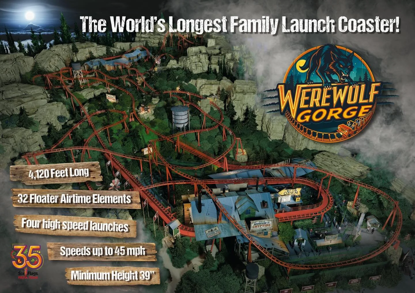🚨 NEW COASTER COMING TO SIX FLAGS FIESTA TEXAS 🚨 An all new fully custom family coaster is coming to Fiesta Texas. Werewolf Gorge will be the world&rsquo;s longest launched family coaster!! A top speed of 45mph, 32 floater airtime moments, and four